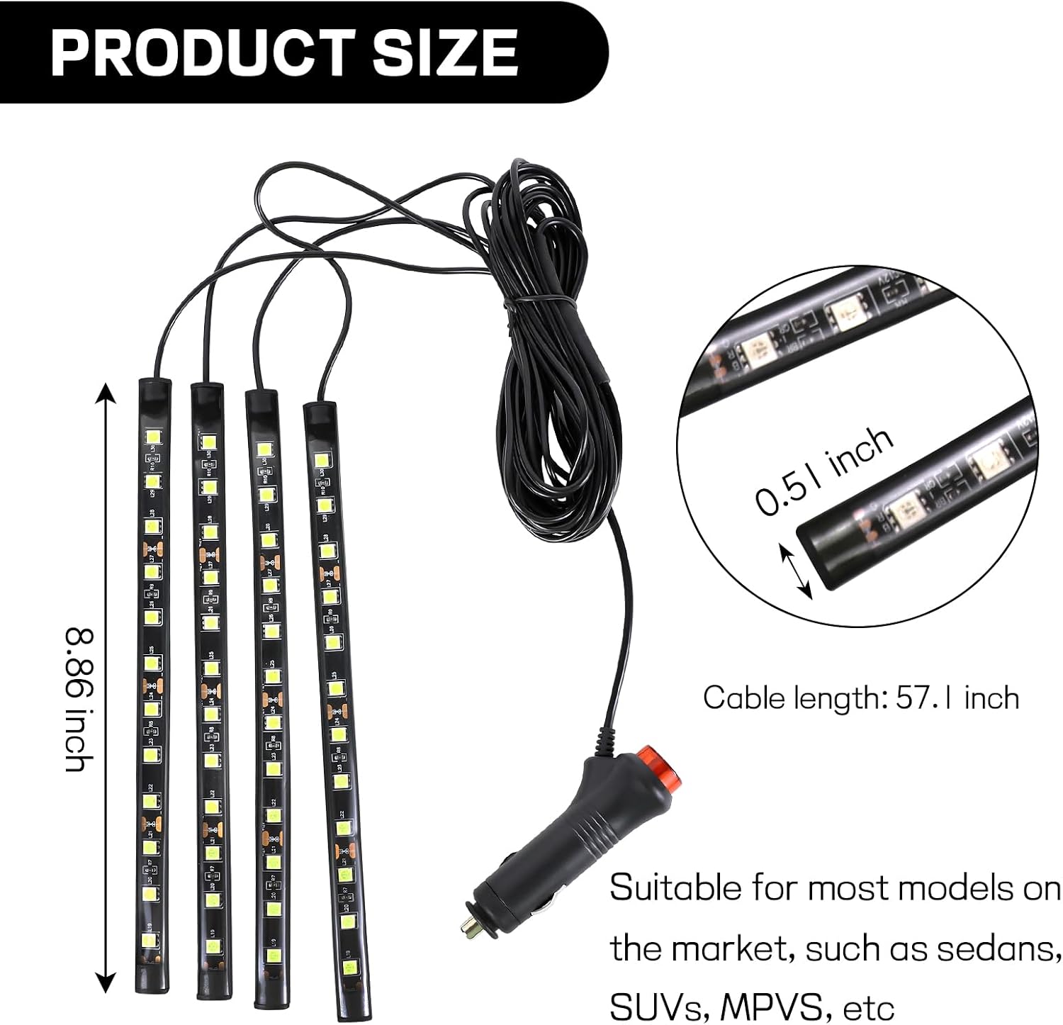 Car LED Strip Light, 12V 48 LED Interior Atmosphere Lights Under Dash Ambient Night Light, Universal Auto Interior Decorative Lamp with USB Port, Car Accessories (White, Cigarette Lighter)