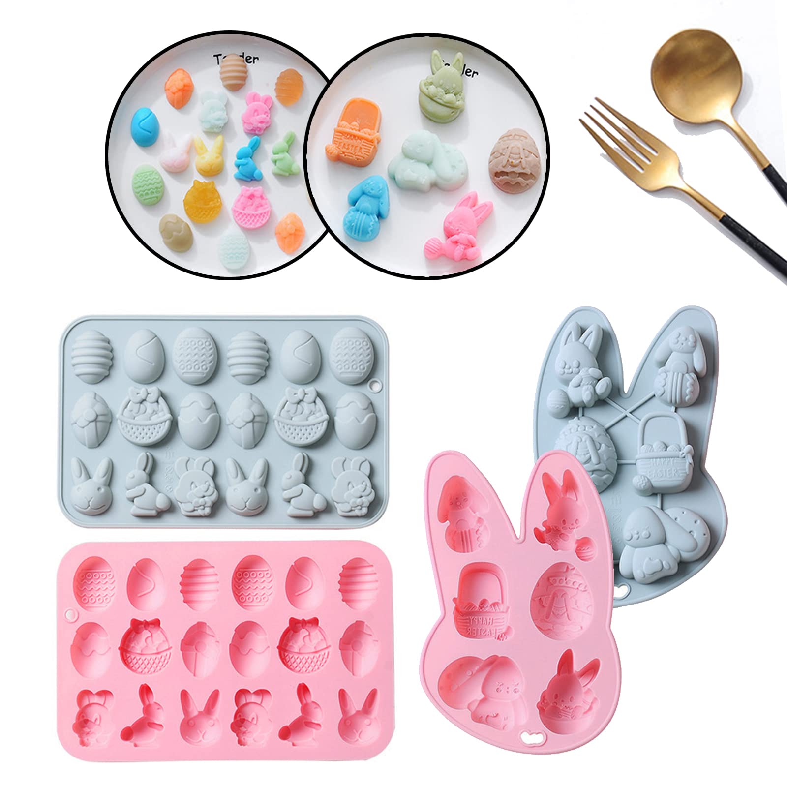 SadodoSilicone 𝐂𝐡𝐨𝐜𝐨𝐥𝐚𝐭𝐞 𝐌𝐨𝐮𝐥𝐝,2PCS 𝐄𝐚𝐬𝐭𝐞𝐫 Candy Moulds,Sugarcraft Cake Decoration Chocolate Bar Molds,𝐈𝐜𝐞 𝐂𝐮𝐛𝐞 𝐓𝐫𝐚𝐲,Rabbit,Eggs,Basket Shapes