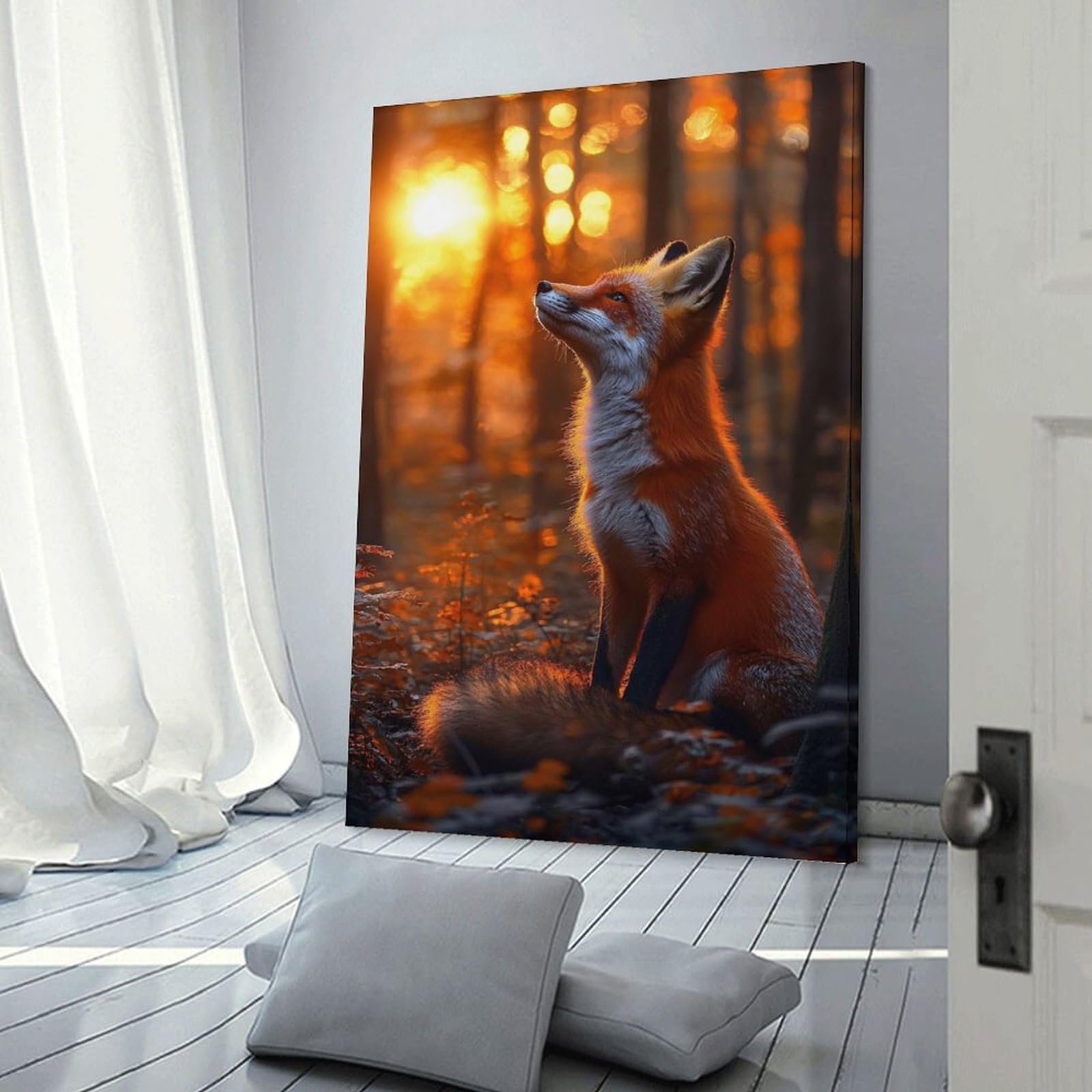 Junmoney Frame-Style-20-1 Canvas Wall Picture Fox In Autumn Forest At Sunset, 20X30inch(50X75cm), For Home Lounge, Bedroom Or Reading Nook, A Home Accent With Warm Character