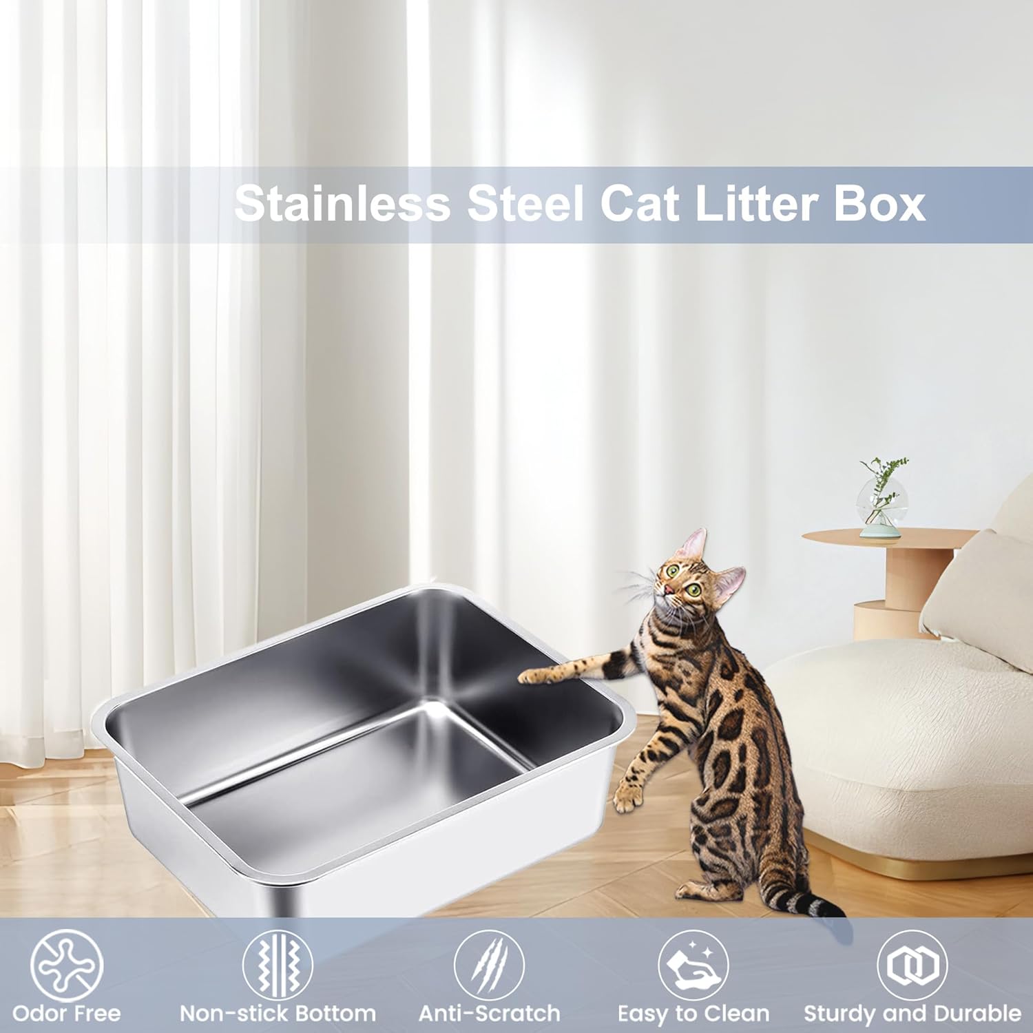 Stainless Steel Litter Box, Metal Litter Box for Little/Large Cats, Rust-Resistant, Odor-Control, Non-Sticky, Easy Rinse Cleaning, Durable & Long-Lasting(23.6"×15.7"×5.9" / 60×40×15cm)-2nd