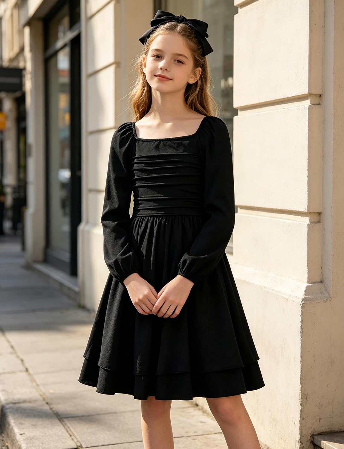 Girls Long Sleeve Dresses Layered Ruched Dress for Teen 7-14Y Ruched Outfit