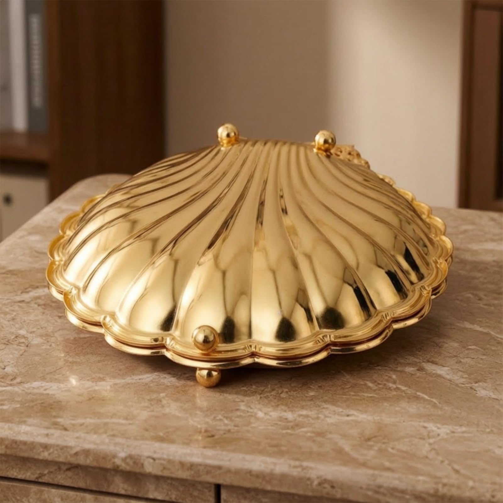 Colcolo Vassoio Decorativo Conchiglia Vassoio da Portata Piatto Frutta Scatola Caramelle Centrotavola in Lega di Zinco con Finitura Metallizzata E Profilo a, Oro, Grande 35x31x9.5 Cm