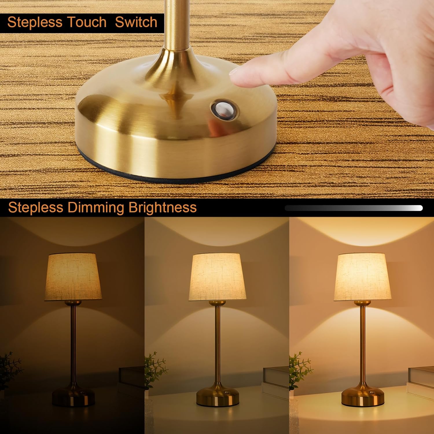 YAYZA! Cordless Table Lamp Adjustable Height Desk lamp, Fabric Shade 7500mAh Rechargeable LED Wireless Touch Night Light Stepless Dimming, 3 Color Temperatures with Edison Bulb (Short Gold - 1 Pack)