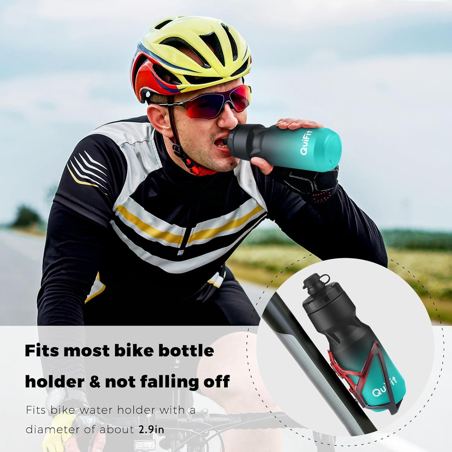 QuiFit Squeeze Water Bottle 2-Pack, Leak Proof Mountain Bike Water Bottle Plastic with Dust Cover, BPA Free, Fits Most Bike Cup Holders, for Outdoors, Riding, Gym(Black+Black Green, 24oz) - Image 5