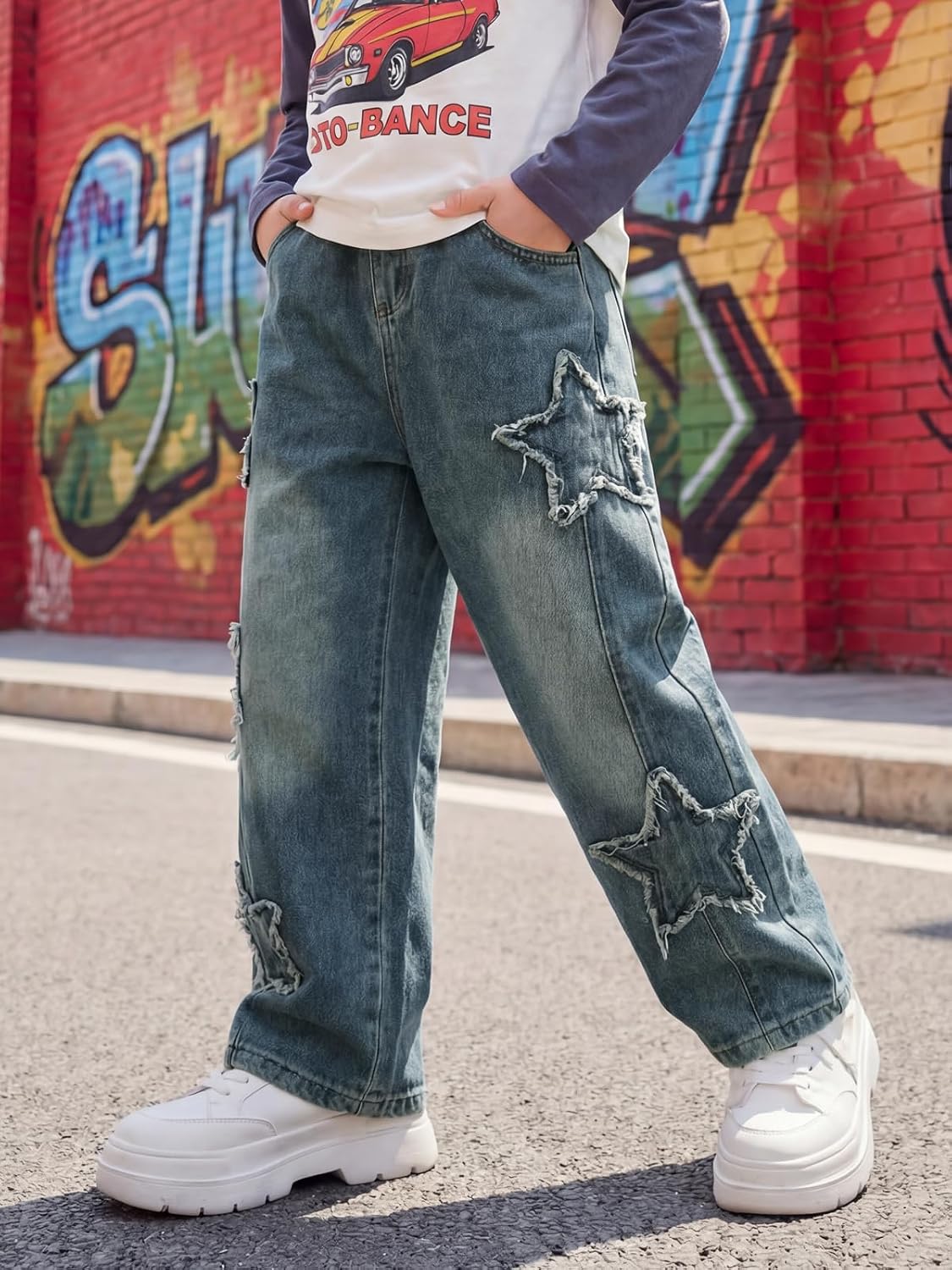 JiAmy Boys Baggy Jeans Wide Leg Elastic Waist Pants Denim Cargo Trousers with Pockets Casual Streetwear 7-15Y