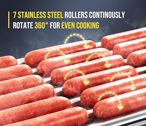 Miniatura 4 de SYBO Rodillo para perros calientes – 18 de capacidad, rodillos de acero inoxidable antiadherentes, cubierta de vidrio desmontable, 1000 vatios