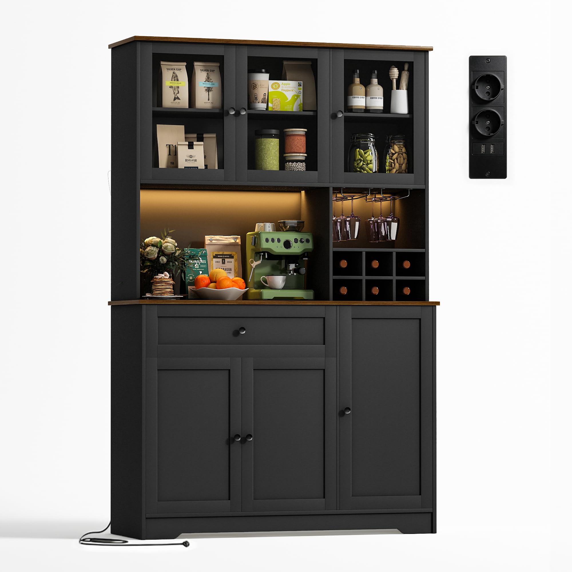 Küchenschrank Buffetschrank, Küchenschränke mit 6-Fach Weinregal, Sideboard mit LED-Licht, Steckdose, Verstellbare Böden, Anti-Kipp, Küchenbuffet für Küche, Esszimmer, Wohnzimmer (Schwarz)