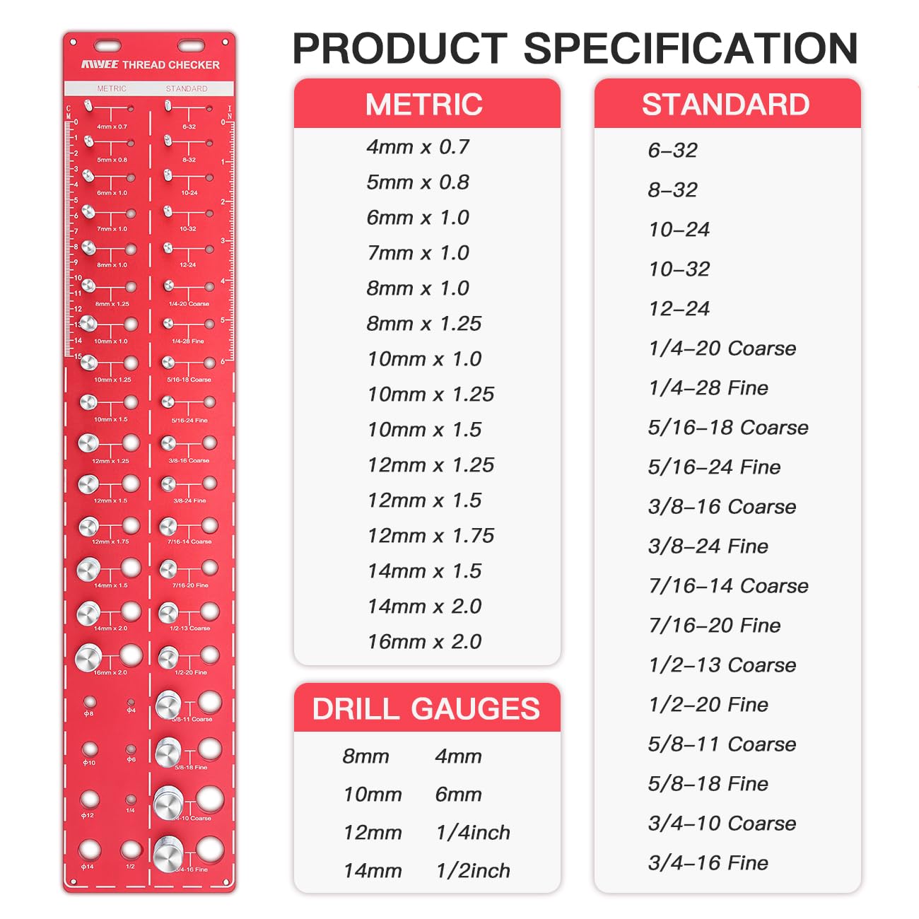 Thread Checker 42 Nut and Bolt Thread Checker and Nut Identifier Gauge 19 Standard and 15 Metric Bolt Size and 8 Drill Bit Gauge Thread with Inch and Centimeter Ruler