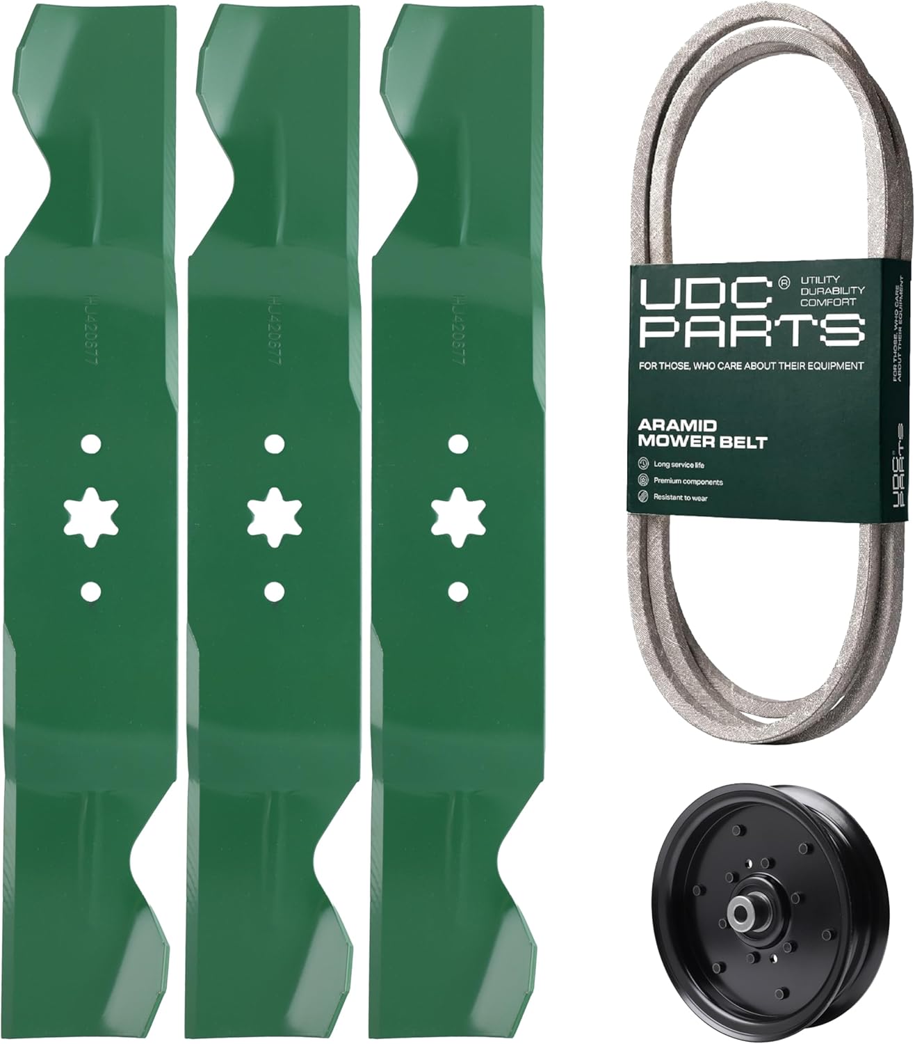 UDC Parts 754-04317/942-0677B + 756-04511B Mower Deck Belt/Mulching Blades + Idler Pulley/Fits MTD Cub Cadet Troy Bilt Craftsman