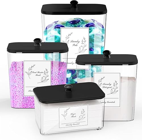 Paquete de 4 recipientes transparentes para lavandería y soporte para hojas de secadora, tarros cuadrados de plástico para organización y