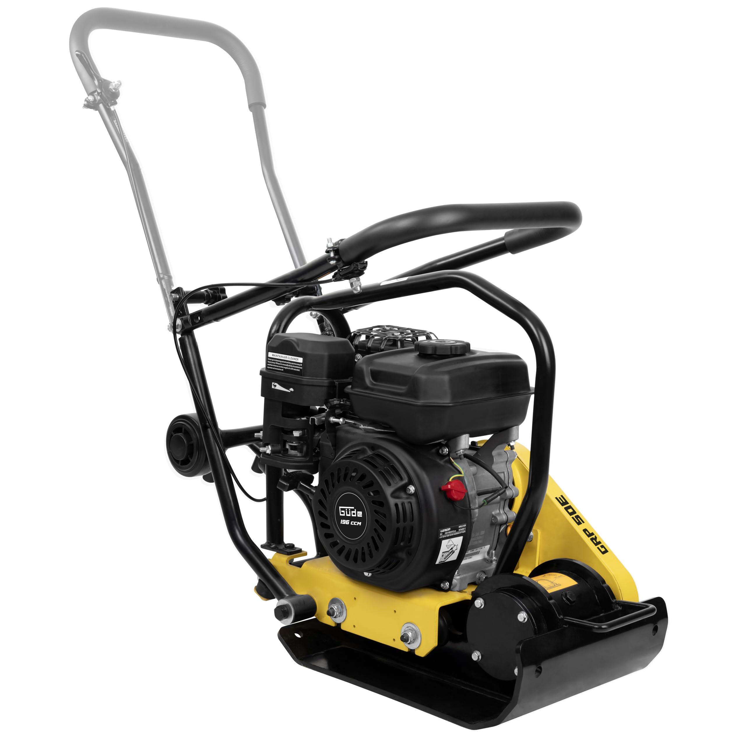 Güde GRP 50E Rüttelplatte - 4-Takt-Motor, 196 Kubikzentimeter Hubraum, 4,1 Kilowatt, 5,5 PS, 43 x 30 Zentimeter Arbeitsplatte, 8,5 kN Verdichtungsdruck, 20 m/min Vorlauf, Polyurethanmatte, Fahrwerk