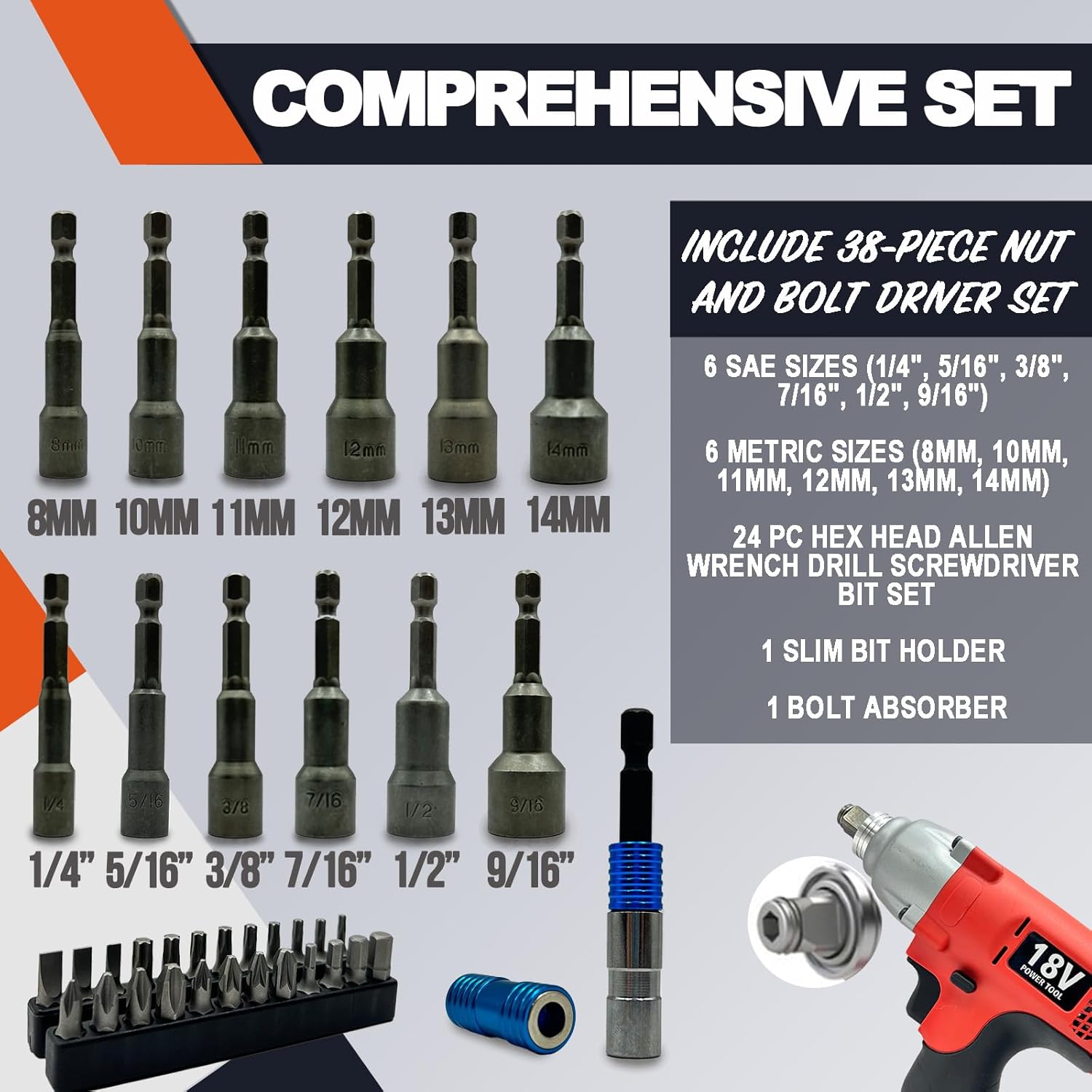 38 Piece Set - Magnetic Power Nut Driver and Bolt Driver Set for Impact Drill 1/4” Hex Head Drill Bit Set (SAE: 1/4", 5/16", 3/8", 7/16", 1/2", 9/16", Metric 8mm,10mm,11mm,12mm,13mm,14mm)