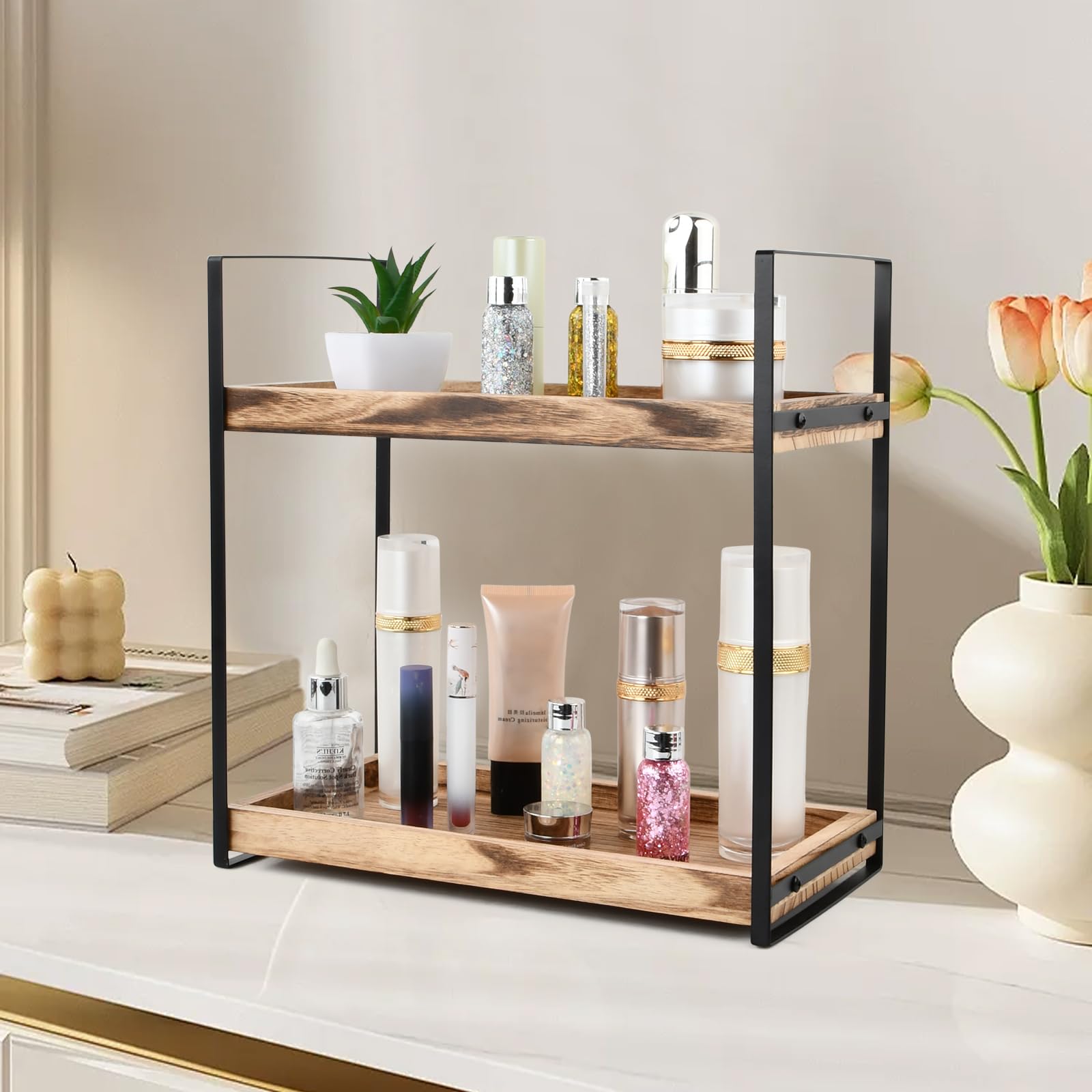 Organizer Scaffale In Legno E Metallo - 2 Ripiani Multifunzione Per Bagno, Cucina, Beauty - 33.5x17.5x34 Cm