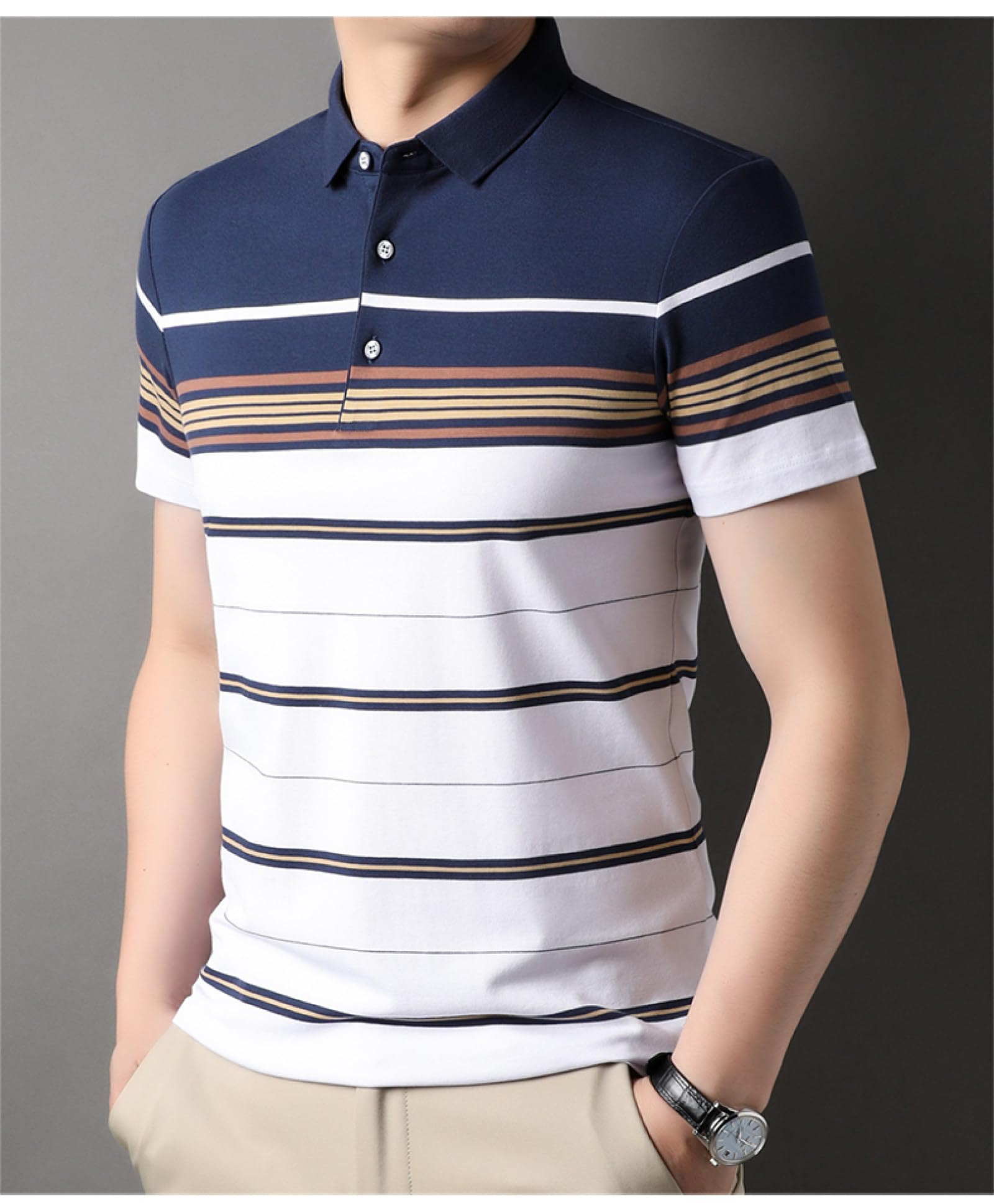 Moda Casual - Polo da Lavoro Slim da Lavoro Estiva Estiva in Cotone Blu Navy di Lusso con 3 Bottoni per Uomo Top A Maniche Corte Moda Abbigliamento Uomo