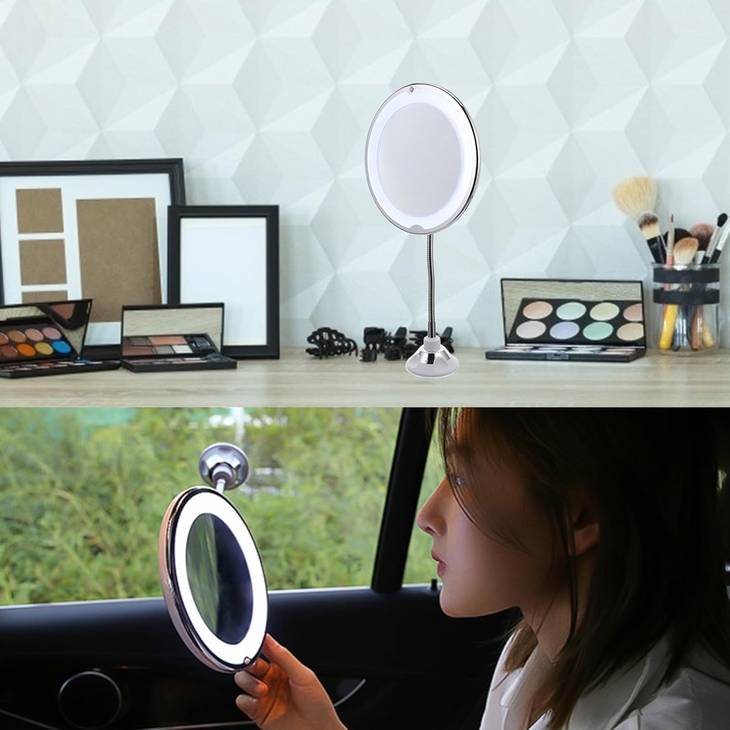 10 x powiększone lusterko do makijażu LED z obrotem o 360° i przyssawką dla łatwej instalacji – idealne do stosowania na blacie w warunkach słabego oświetlenia