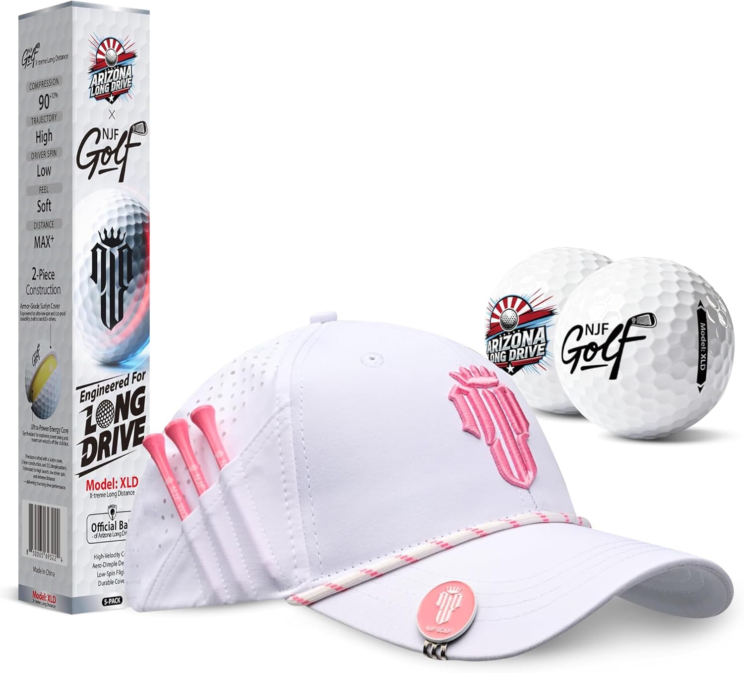 NJF Golf™ Hat & XLD Golf Ball Deals, Adjustable White Pink Cap for Men & Women with Tee Holder + 5-Pack Extreme Long Distance Golf Balls, Soft Feel Low Spin in White Box, Ideal Gift for Golfer Bundle