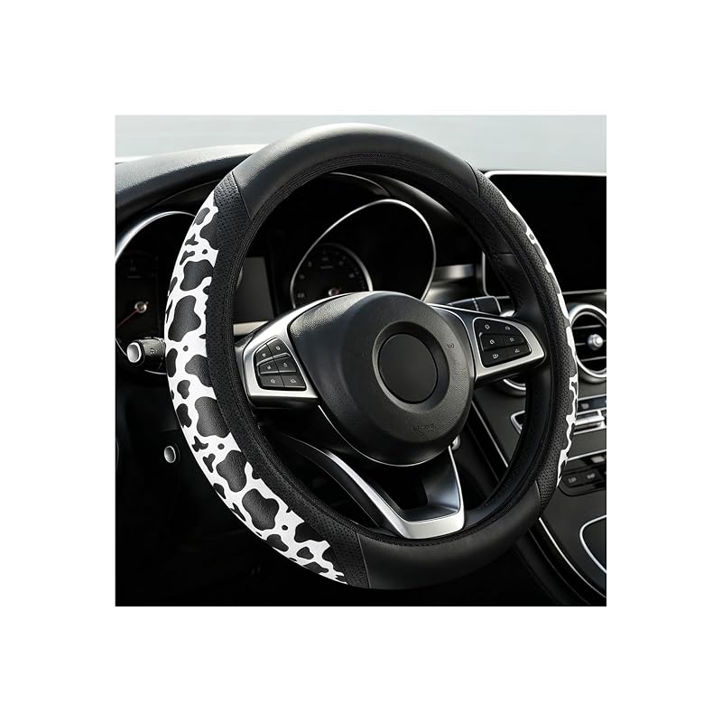 Capa para Volante com Estampa de Vaca Laoybho 36–38 cm, Preta, para Volantes Redondos, D e Duplo D