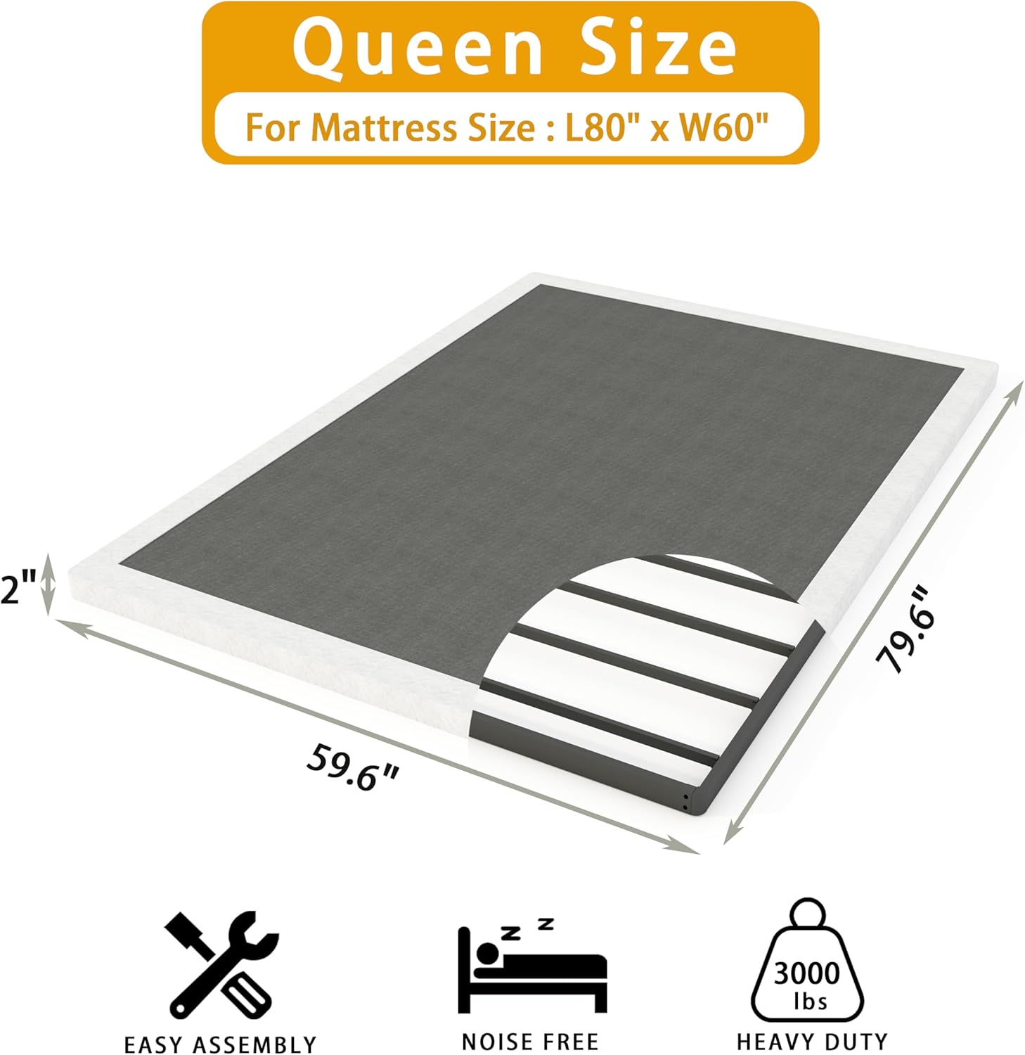 Queen Box Spring 2 Inch Low Profile Metal Box Spring Queen Size Bed Base, Mattress Foundation with Fabric Cover, Easy Assembly Queen 2 Inch Height
