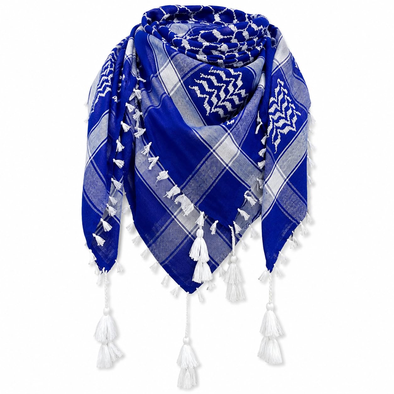 Blue White Keffiyeh Scarf for Men & Women | Cotton Blend Arab Arafat Shemagh | Lightweight Fashion Head Neck Wrap with Tassels | Desert Scarf, Travel Shawl, Casual Outdoor Accessory-image-14