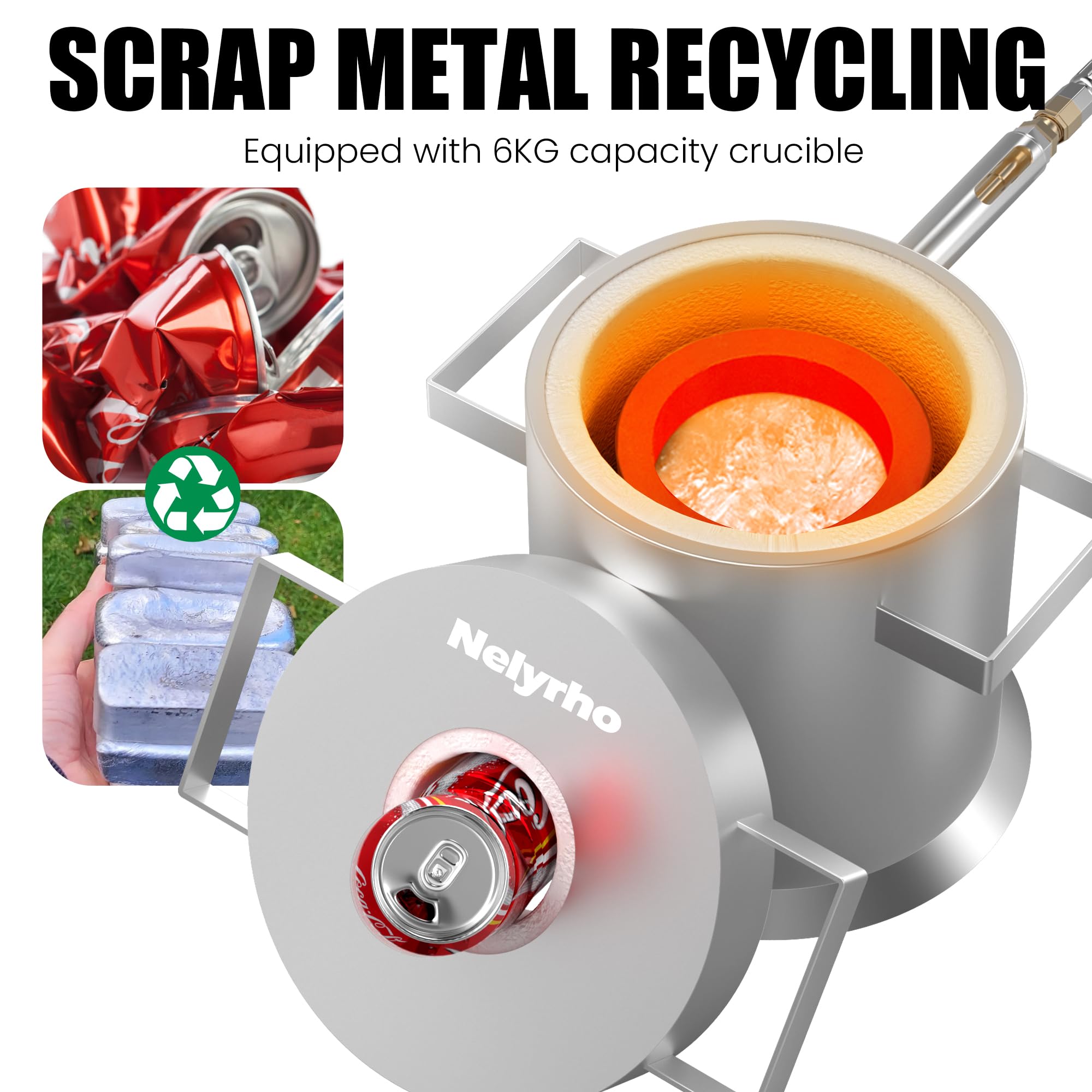 Nelyrho Kit de horno de fusión de 6 kg, fundición de acero inoxidable con crisol, pinzas para crisol, guantes, ideal para fundir oro, plata, cobre y aluminio, herramienta de fundición de reciclaje de