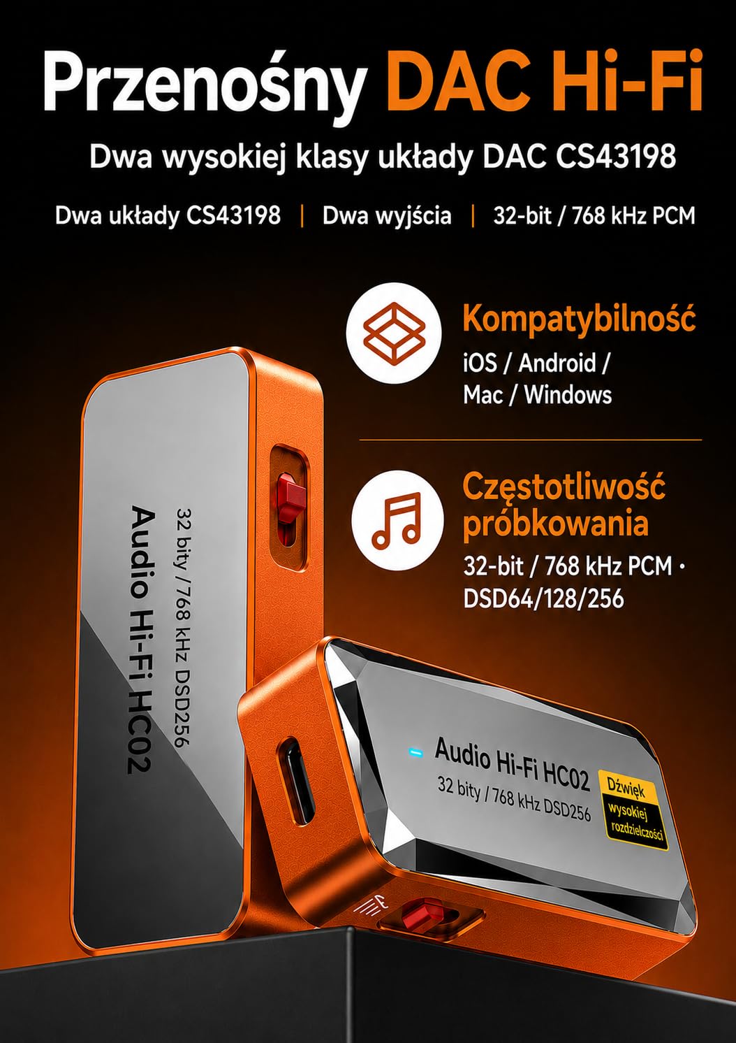 USB C DAC wzmacniacz słuchawkowy, CS43198 HiFi dongle DAC z wyjściem 3,5 mm i 4,4 mm, przenośny DAC AMP, DSD256 32bit/768kHz do IEM, słuchawek, laptopa i PC,pomarańczowy | USB C DAC z CS43198, Hi-Res, 3,5 mm i 4,4 mm