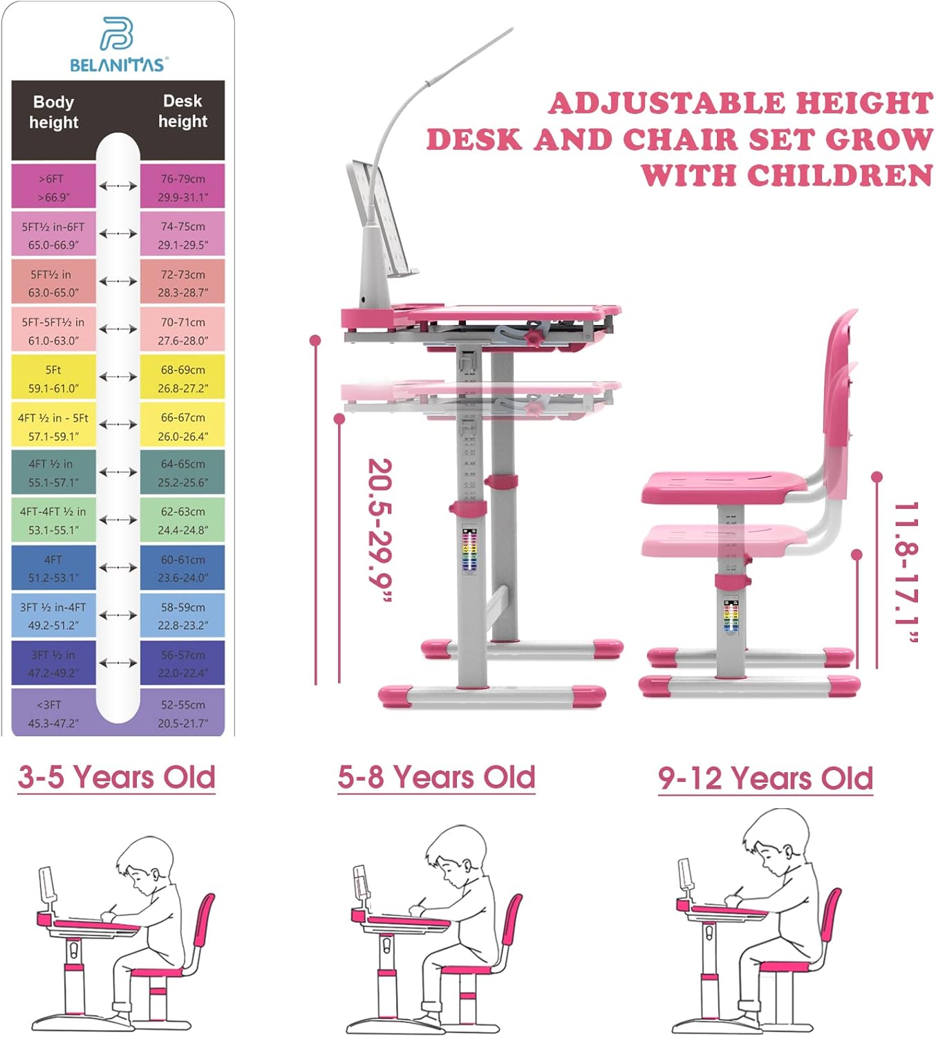 BELANITAS Kids Desk and Chair Set 5-8 Years Old, 40 Degree Tiltable Desktop Desk for Kids, Height Adjustable Kid Desk with Lights,Girls Desk,Princess Pink