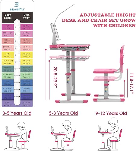 Miniatura 5 de BELANITAS Juego de escritorio y silla para niños de 5 a 8 años, escritorio de escritorio inclinable de 40 grados para niños, escritorio de altura
