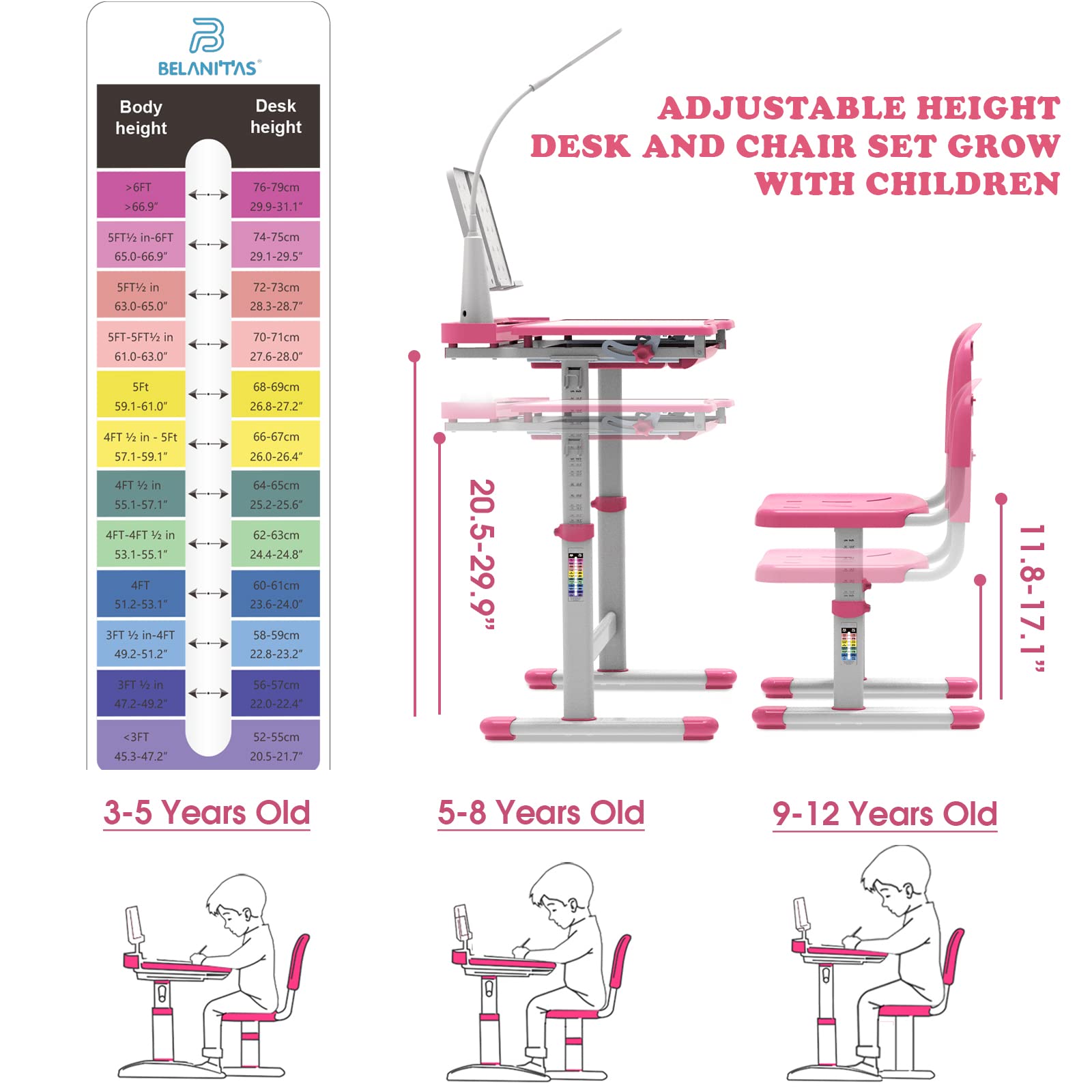 BELANITAS Juego de escritorio y silla para niños con escritorio inclinable de 40 grados, escritorio escolar para niños con cajón de almacenamiento, 3 modos de luz, multifuncional, escritorio de