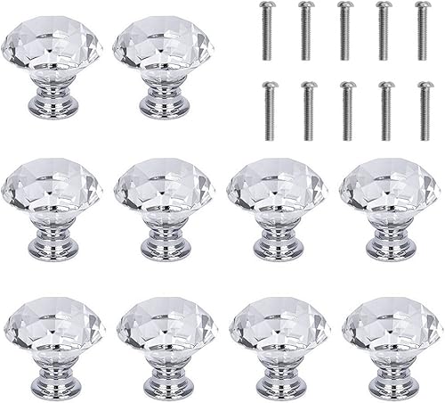 10 pomos de cristal transparente blanco para armarios de 1.181 in con forma de diamante para cajones de cocina, aparador, armario, tiradores