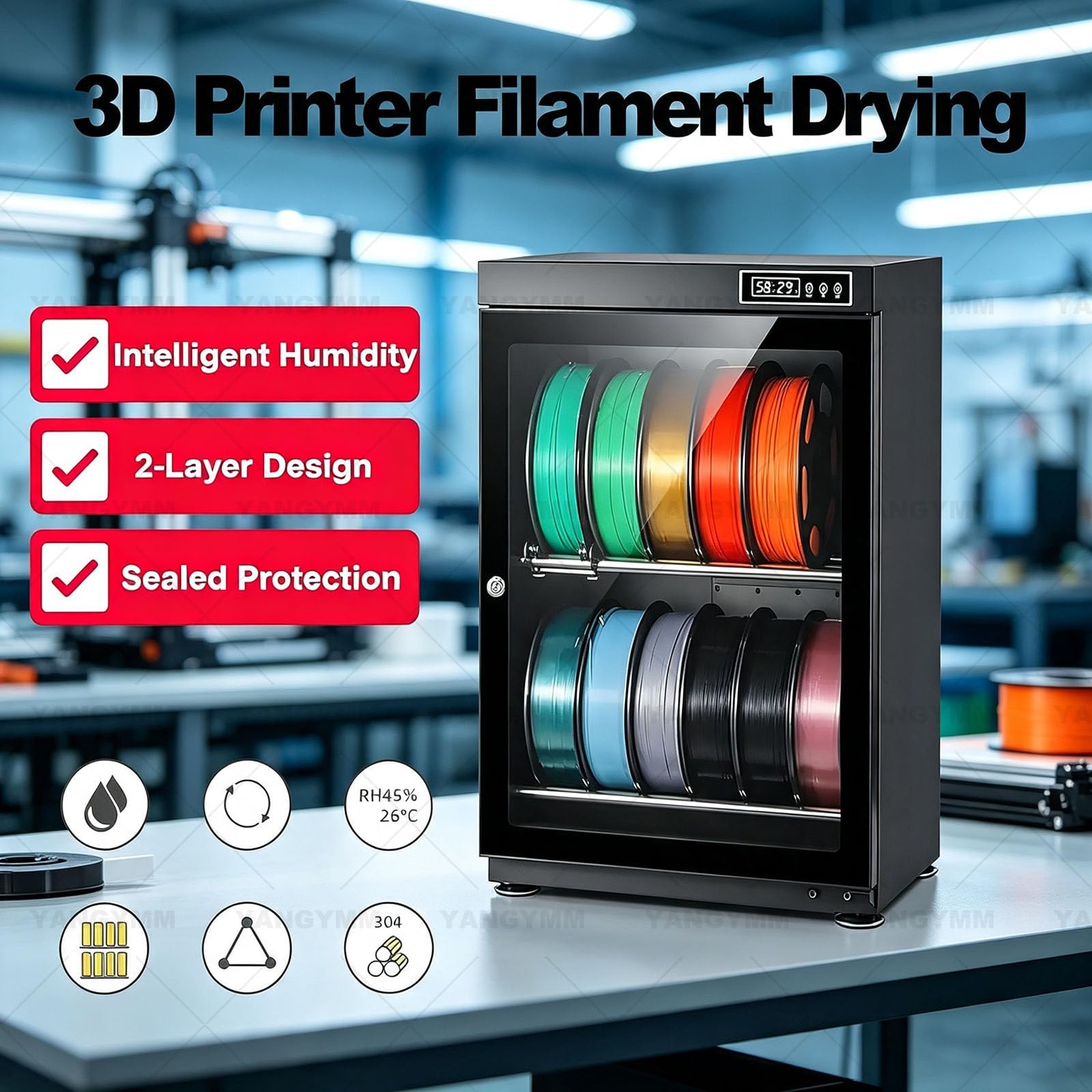 Armadio a Secco per Filamenti 3D, Contenitore Professionale per Filamenti 115L | Intervallo Umidità Rh15%-Rh60%, Per Filamenti Stampa 3D Vario Tipo Pla, Abs