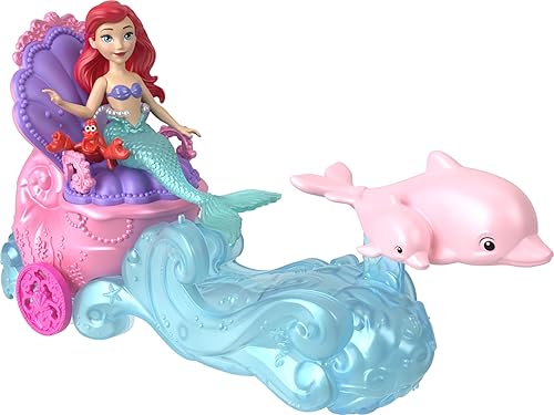 Mattel Disney Princess Mermaid Ariel - Muñeca pequeña y carro rodante con 1 figura de amigo, inspirado en la película de Disney, La Sirenita