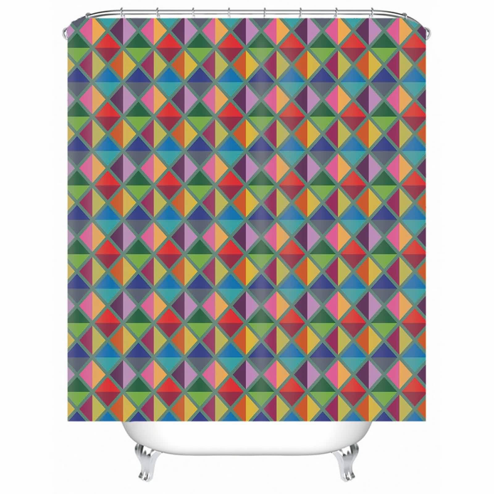 Rideau douche waterproof losange 3D vert et rose lavable en tissu 180x180cm