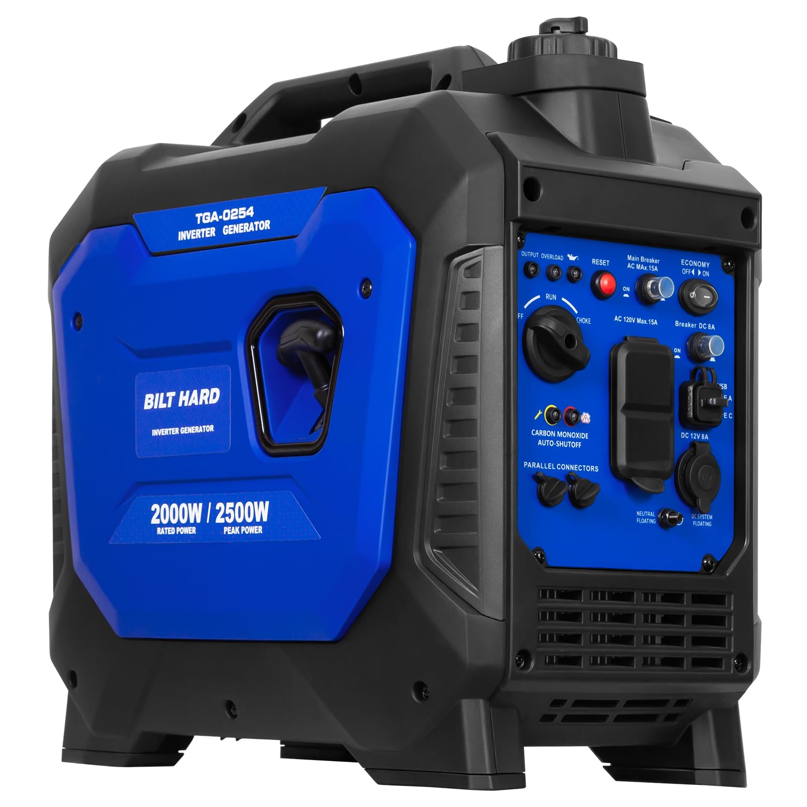 BILT HARD Generator 2500 Watt, Quiet Inverter Generator Portable 80cc 4 Stroke Engine, CO Sensor, Parallel Ready, 120V AC Duplex Receptacle and 12V DC Output, Outdoor Generators for Home Backup Use