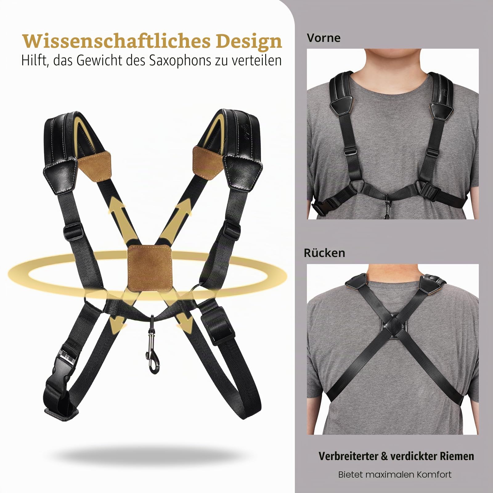 POGOLAB Saxophongurt, Harness Saxophongurt aus Leder, Saxofonhalter Saxophone Strap mit Metallhaken, Doppelter Schultergürtel aus Leder verstellbare für Saxophon, Alt, Bariton, Tenor, Blasinstrument