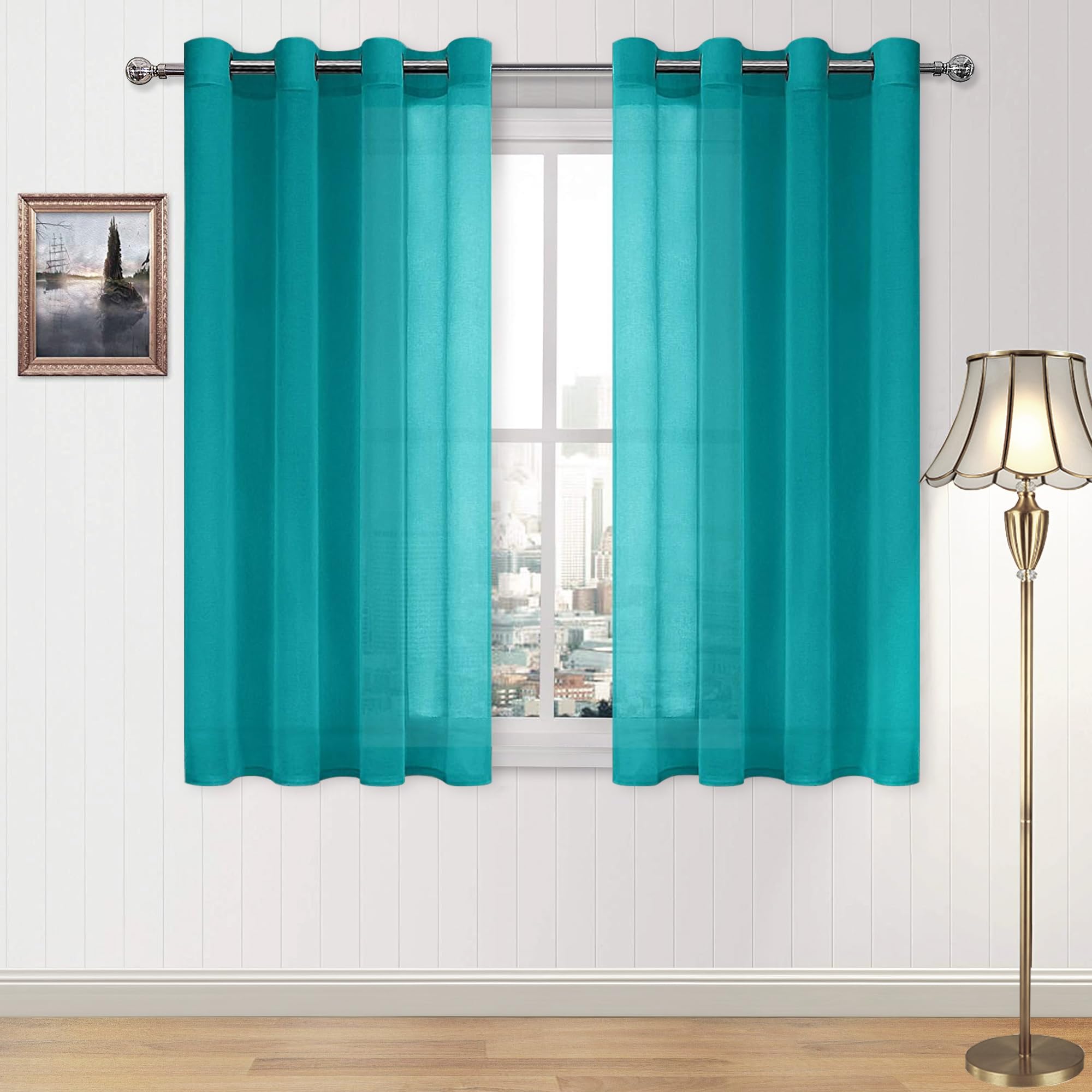 DWCN Turquoise Faux Linen Sheer Curtains - Grommet Voile Window Curtain Drapes for Bedroom Living Room 52 x 54 inch Length, Set of 2 — image 1