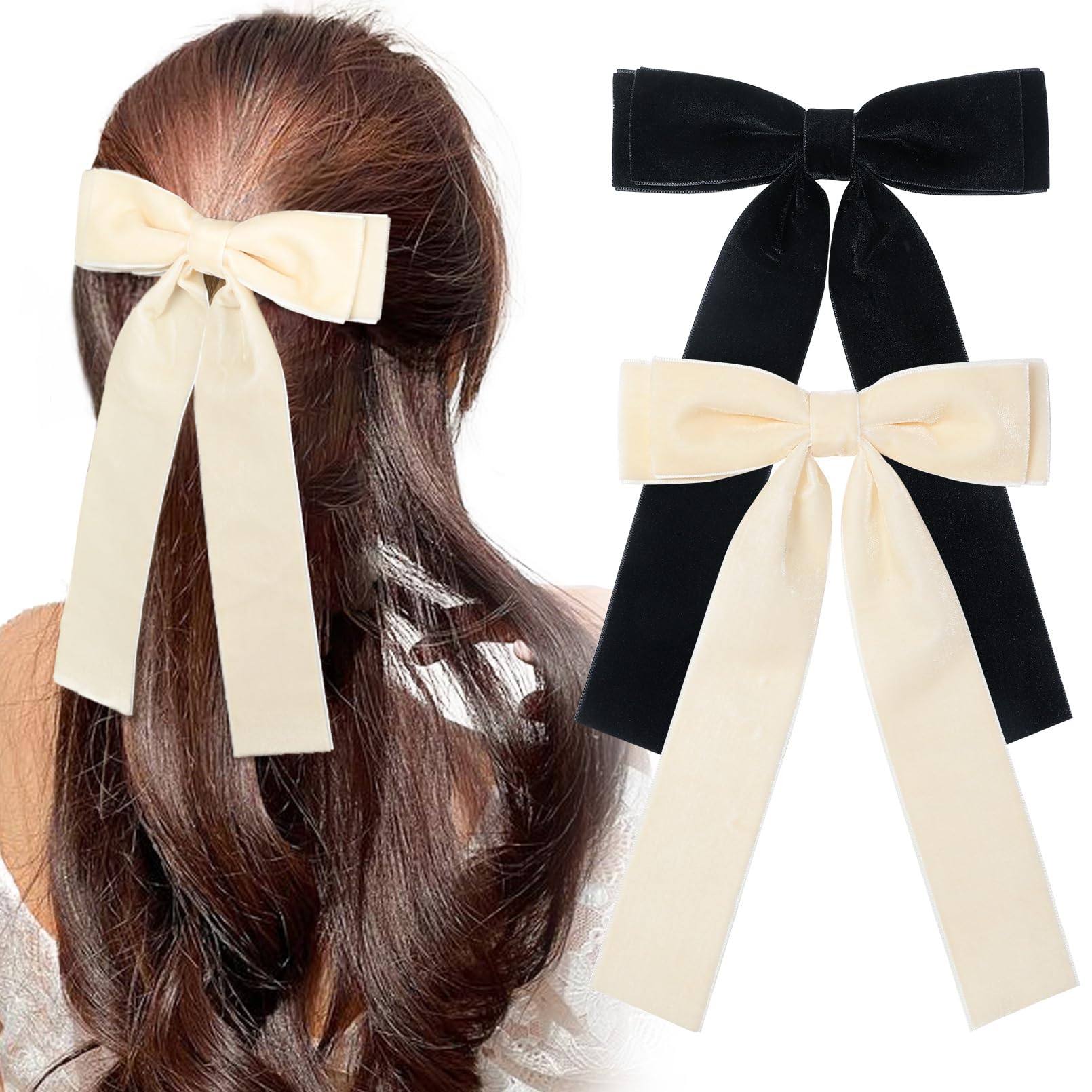 2PCS Velvet Hair Bows for Women Ribbon Hair Clips Big Fall Alligator Clips Ponytail Holder Hair Bow Accessories Girls Toddlers Kids Teens Black,Beige