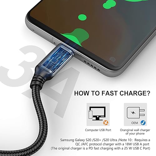 Miniatura 3 de Cable USB tipo C, paquete con 5 unidades, 6 pies, carga rápida, cargador rápido 3A, cable rápido, cable tipo C - A