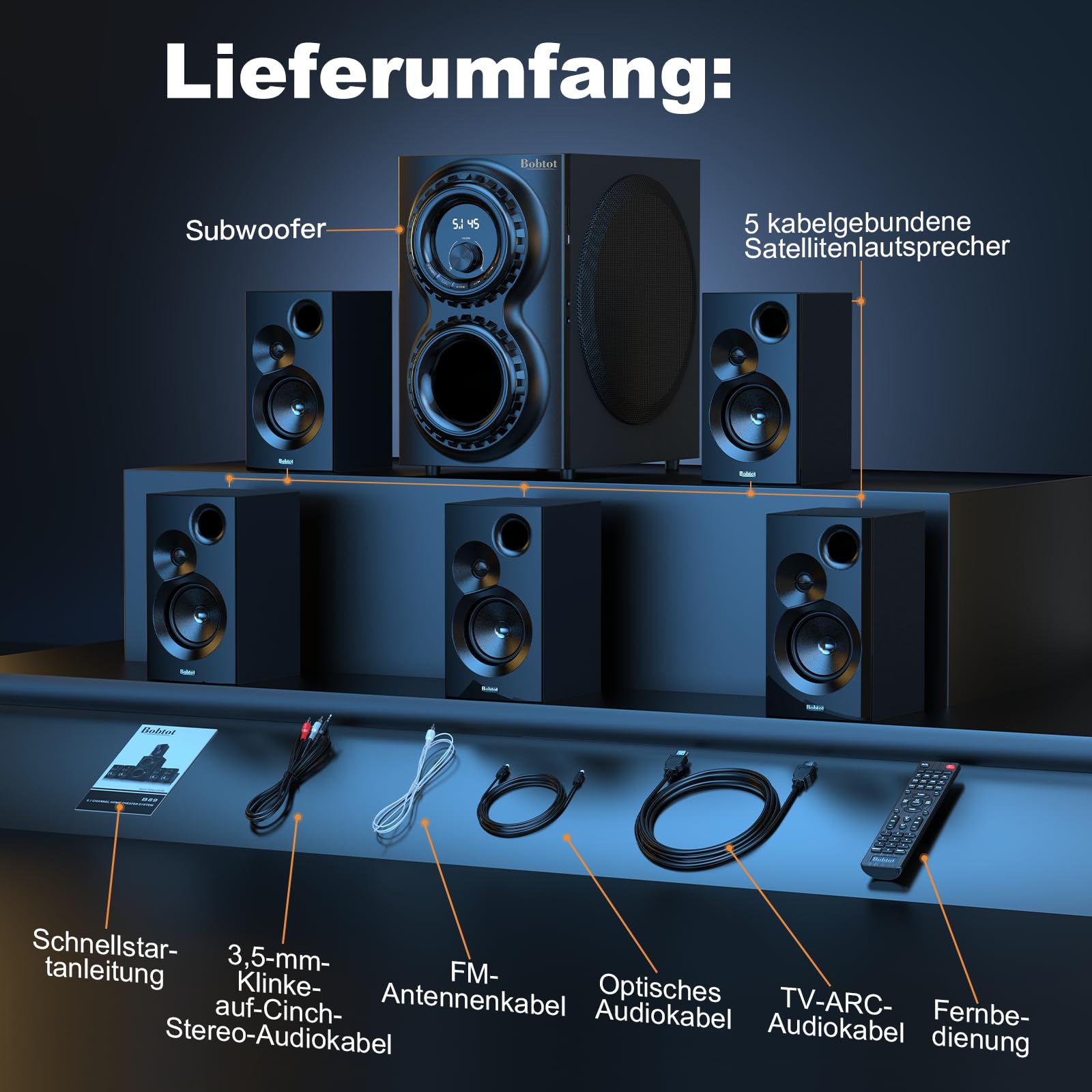 Bobtot 5.1 Soundsystem mit 1400 Watt Spitzenleistung heimkino Soundsystem mit 12-Zoll-Subwoofer, kräftigem Bass und kabelgebundenem Surround Sound System mit ARC, optischem Bluetooth-Eingang für TV