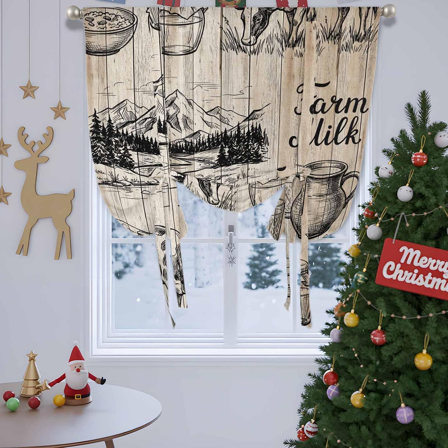 Vintage Farmhouse Cow Tie Up Curtains for Windows 63 Inch Length Balloon Curtains Kitchen Adjustable Balloon Window Shade Brown Wooden Farm Milk Tie Up Valance Bathroom Curtain Window 52"x63"