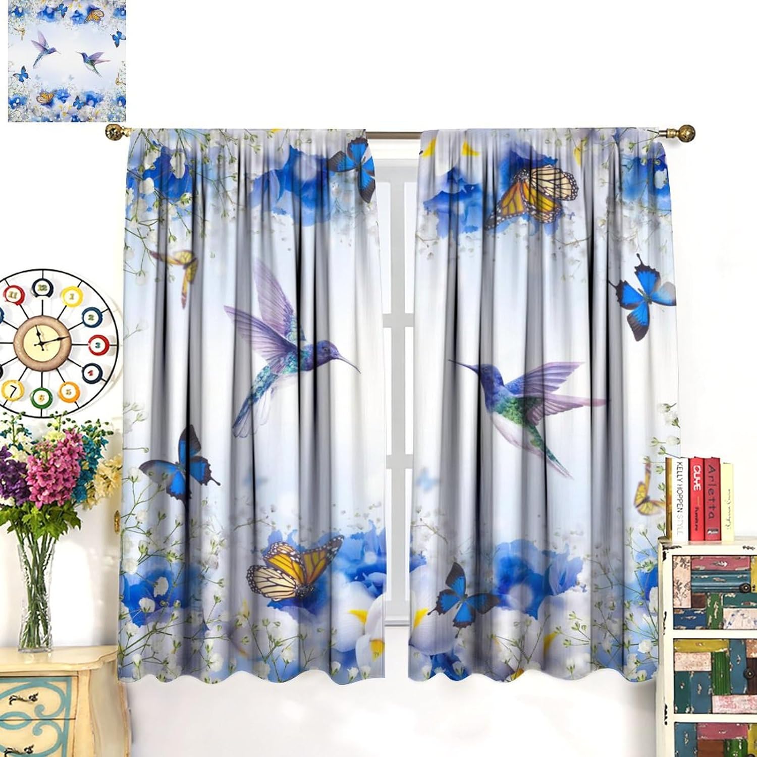 Aesthetic Floral Hummingbird Curtains - Watercolor Tropical Forest Hibiscus Hummingbird Butterflies Window Treatment,Energy Saving Thermal Insulated Rod Pocket Blackout Curtains 2 Panels 54L x 21W
