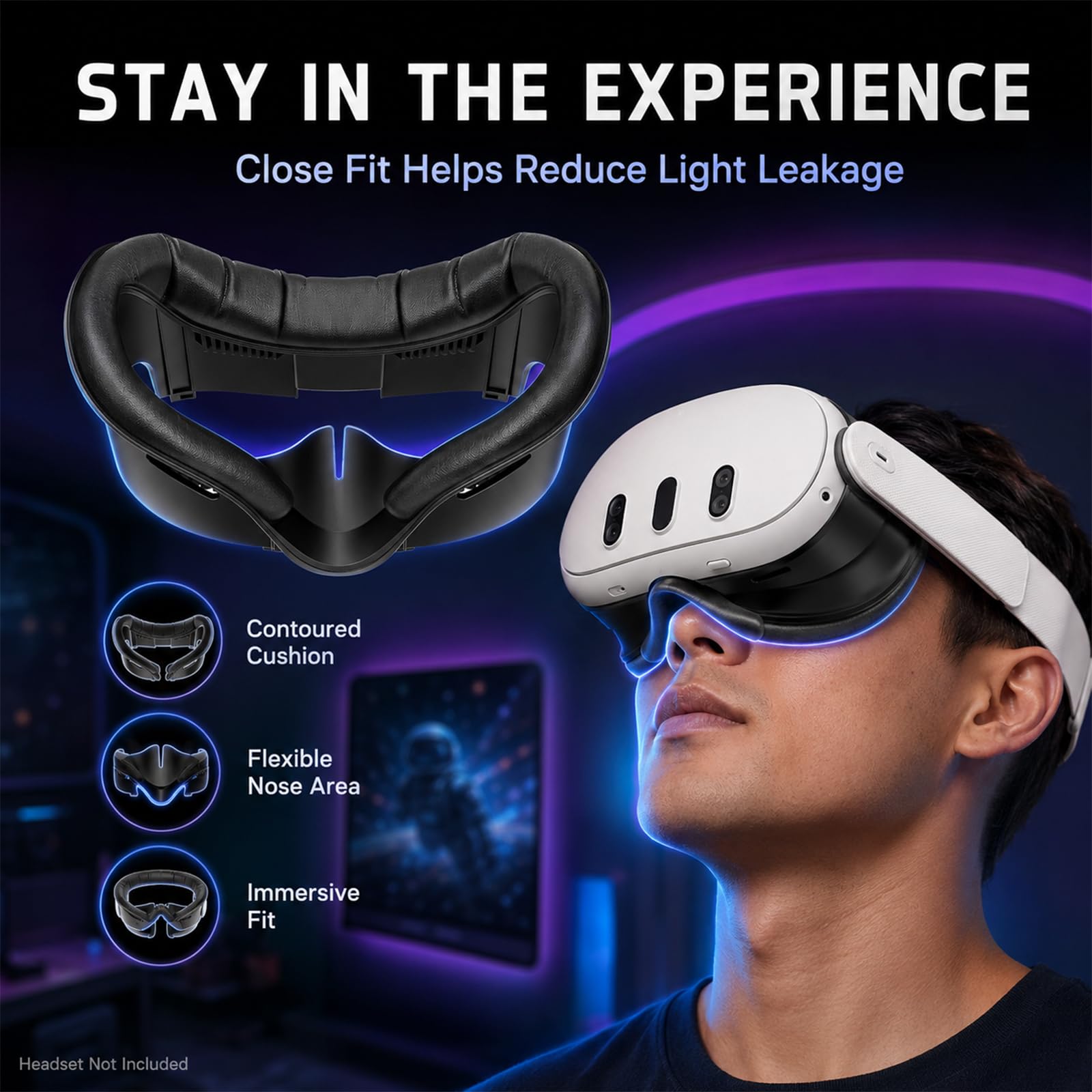 Interfaccia Facciale V3 Ventilata Compatibile con Meta Quest 3, Cuscino Viso Pelle Pu Anti Luce e Anti Sudore, Supporto Sostituzione Confort Accessorio VR (Non Adatta per Meta Quest 3S)