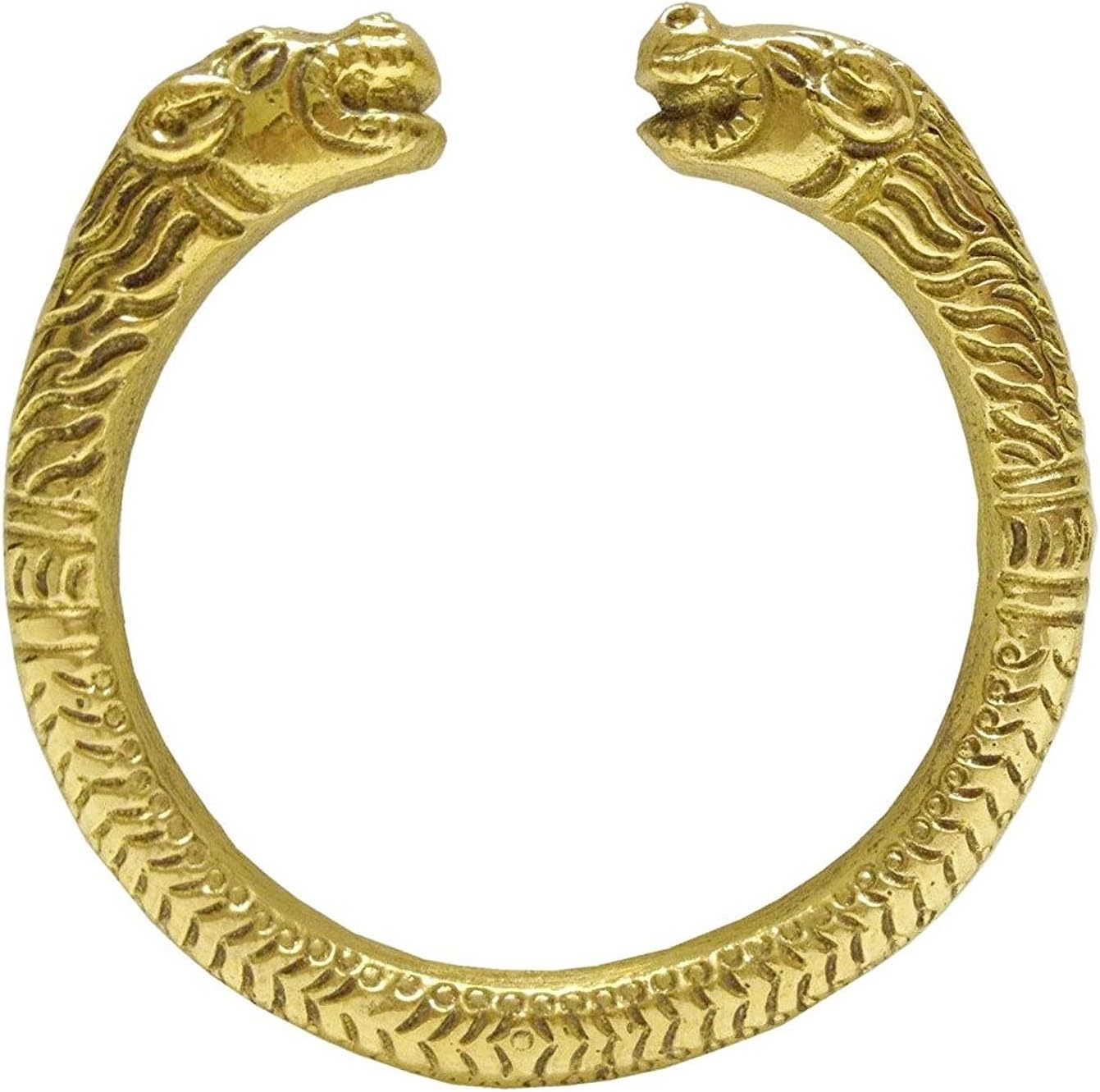 REAL SEED Golden Heavy Brass 7mm Thickness Lion Face Bangle Cuff Kada for Men (Dia - 6.5cm, Free Size)