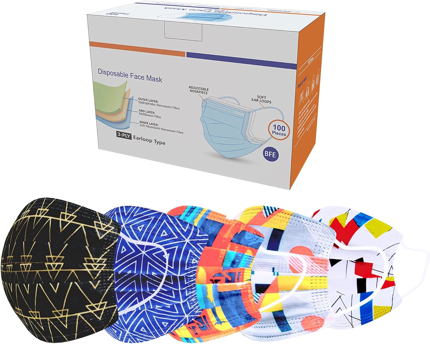 Multicolor Face Masks, LUCIFER Breathable 3-Ply Face Mask, Design with Elastic Ear Loop, 100 Pcs