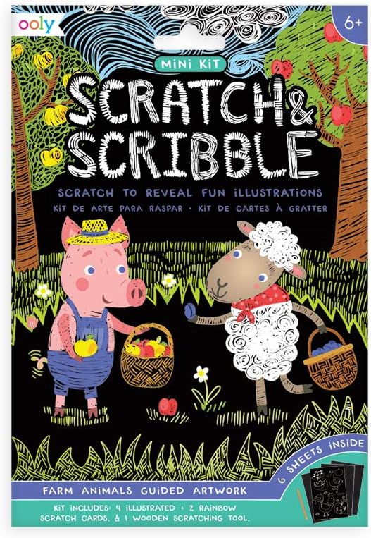 OOLY, Scratch and Scribble, Mini Art Kit for Kids, Farm Animals, Children's Guided Artwork - 7 Piece Set