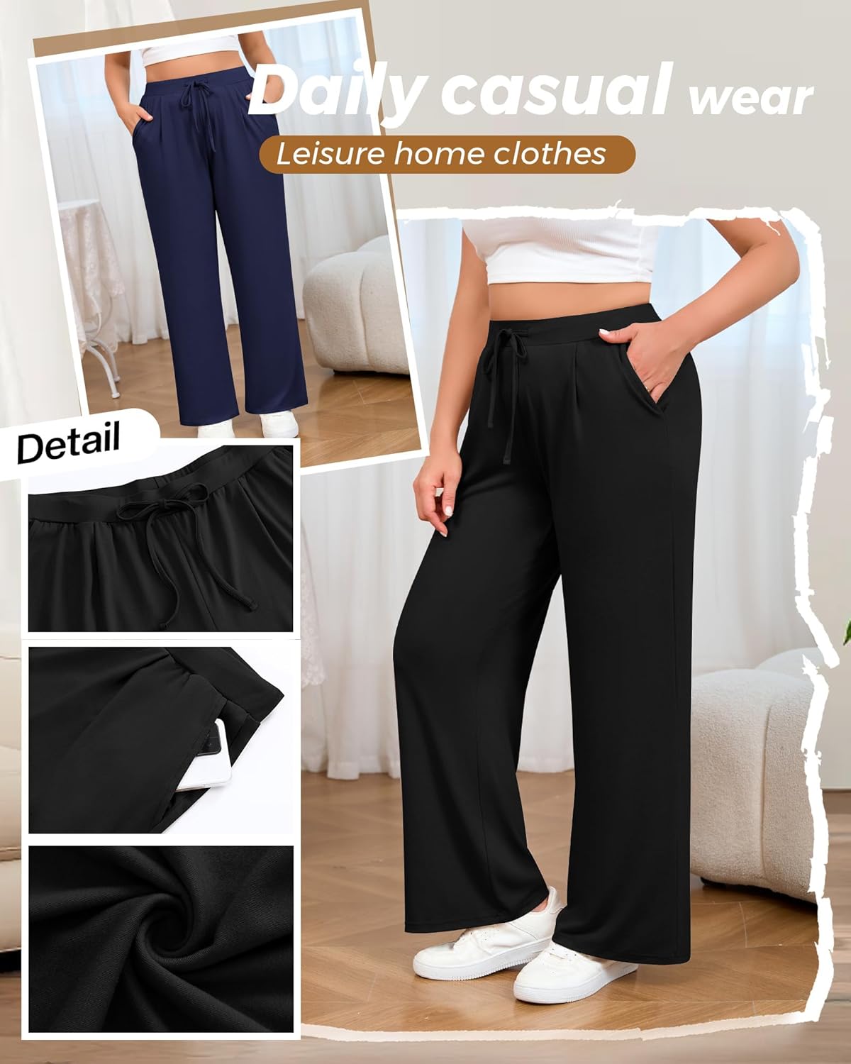 3 Pack Women's Plus Size Wide Leg Yoga Pants, Drawstring Lounge Sweatpants Loose Casual Workout Pants with Pockets - Image 5