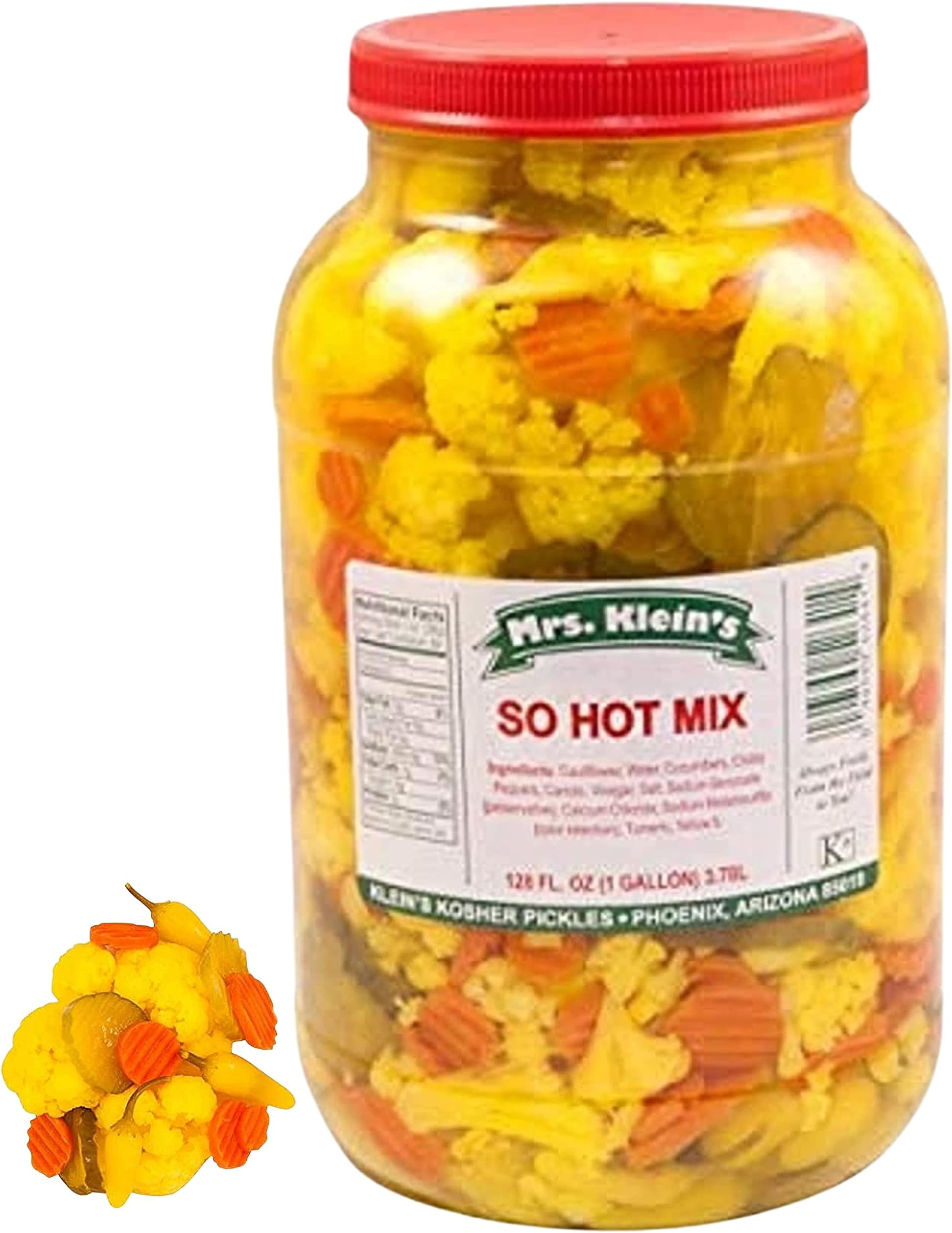 SO HOT MIX - Spicy Pickled Cauliflower Florets, Carrots, Pickles & Yellow Hot Chilis | Vegan Snacks | Bulk 1 Gallon Jar | A Spicy & Salty Veggie Mix | Mrs. Kleins Since 1945 | Grown & Made in USA