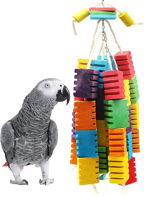 MQUPIN Extra Large Bird Parrot Chewing Toys Upgraded,Parakeet Cage Bite Toys Hanging Chewing Multicolored Wooden Blocks Tearing Toys for Large Bird Amazon Parrots African Grey(Colorful)