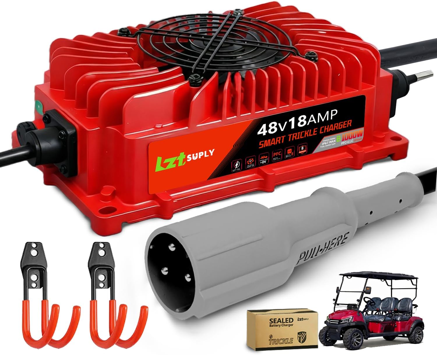 48V 18Amp Golf Cart Battery Charger for Club Car 3-Pin Round with 16Ft Cable, IP67 Waterproof Smart Trickle Charger Replacement for 48 Volt Lead-Acid Batteries