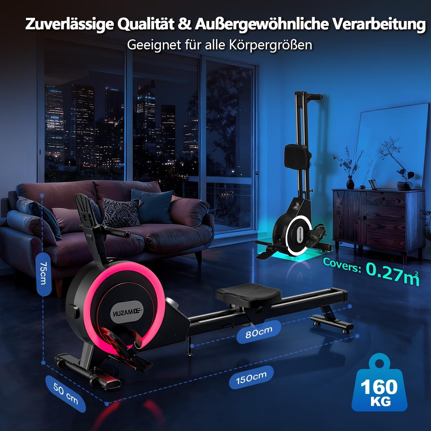 Rudergerät für Zuhause, DMASUN Magnetisches Rudergerät mit 32 Widerstandsstufen, HD-LCD-Bedienpanel, Upgrade Doppel-Slide-Rails, APP-Verbindung, ideal für Cardio-Training, Belastbar bis 160kg