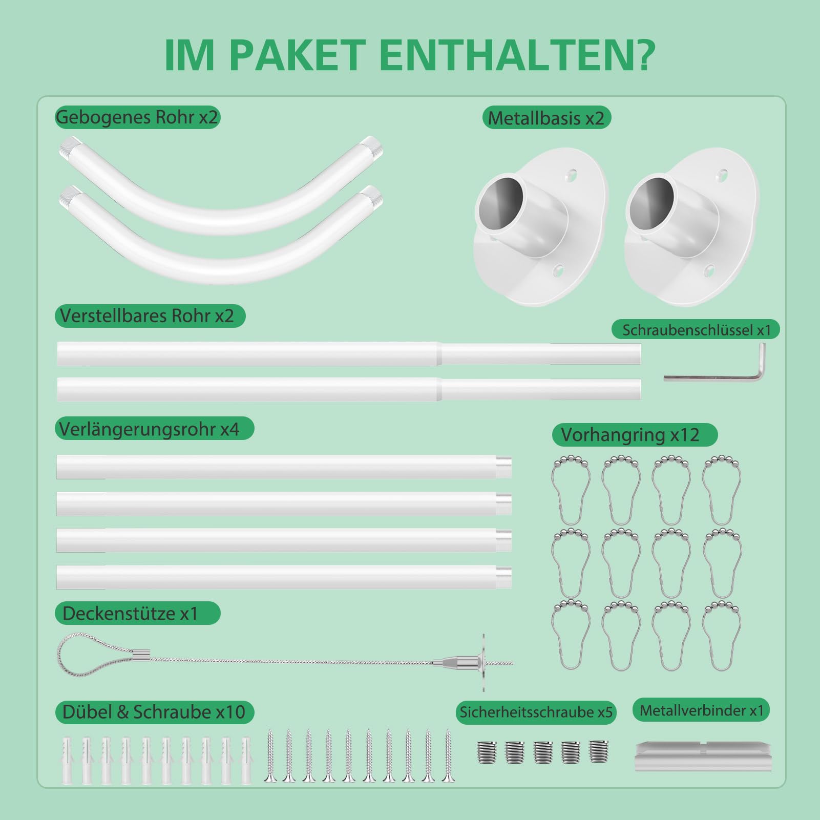 Duschvorhangstange U Form & L Form, (60-93) X (77-197) X (60-93) CM Verstellbare Duschstange U Form mit 12 Vorhangringen und Deckenstütze für Badewanne/Dusche, Bohren Erforderlich - Weiß